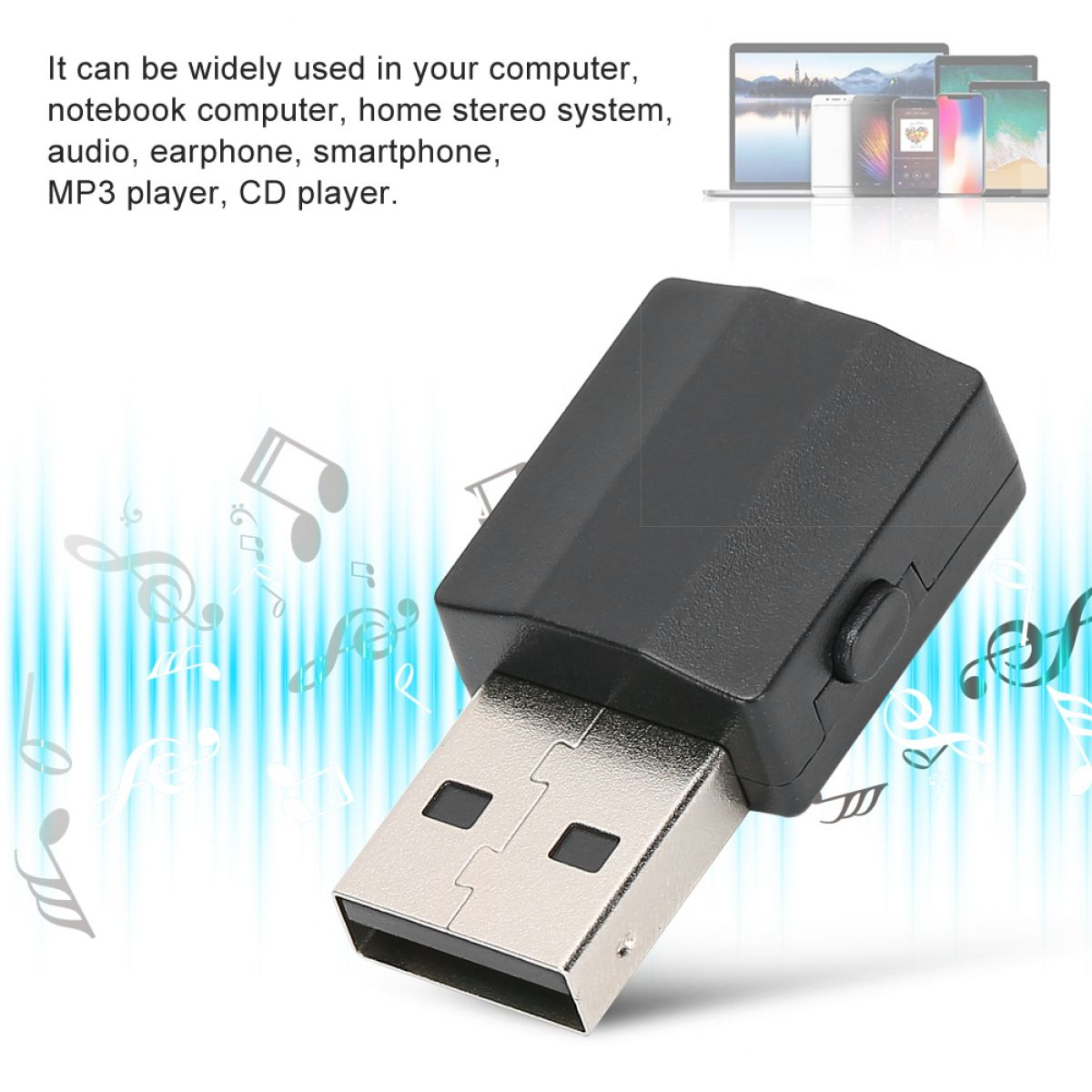 Ein schwarzer USB-Adapter mit metallischem Stecker vor einem blau-weißen Hintergrund mit Musiknoten.