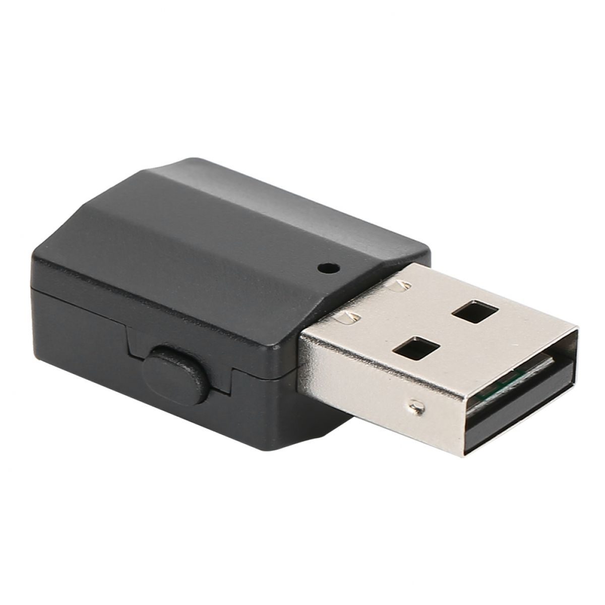 Ein kleiner schwarzer USB-Adapter mit einem silbernen Stecker und einem seitlichen Knopf auf weißem Hintergrund.