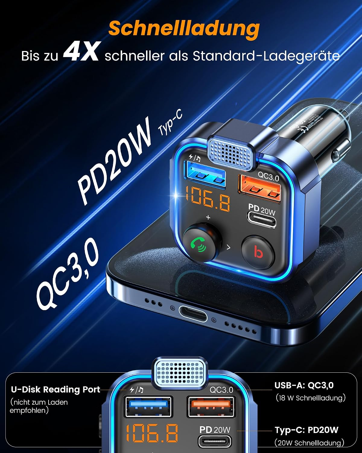 Blaues KFZ-Ladegerät mit USB-C, QC3.0 und LED-Anzeige auf einem Smartphone.