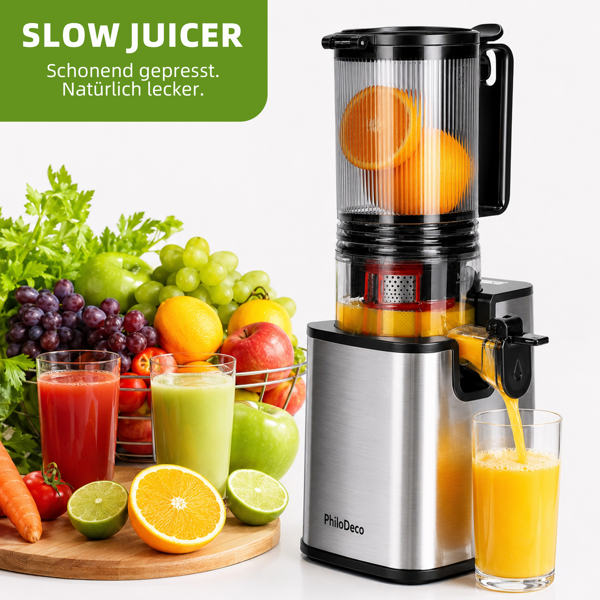 Slow Juicer aus Edelstahl füllt Orangensaft in ein Glas, umgeben von frischem Obst und Gemüse.