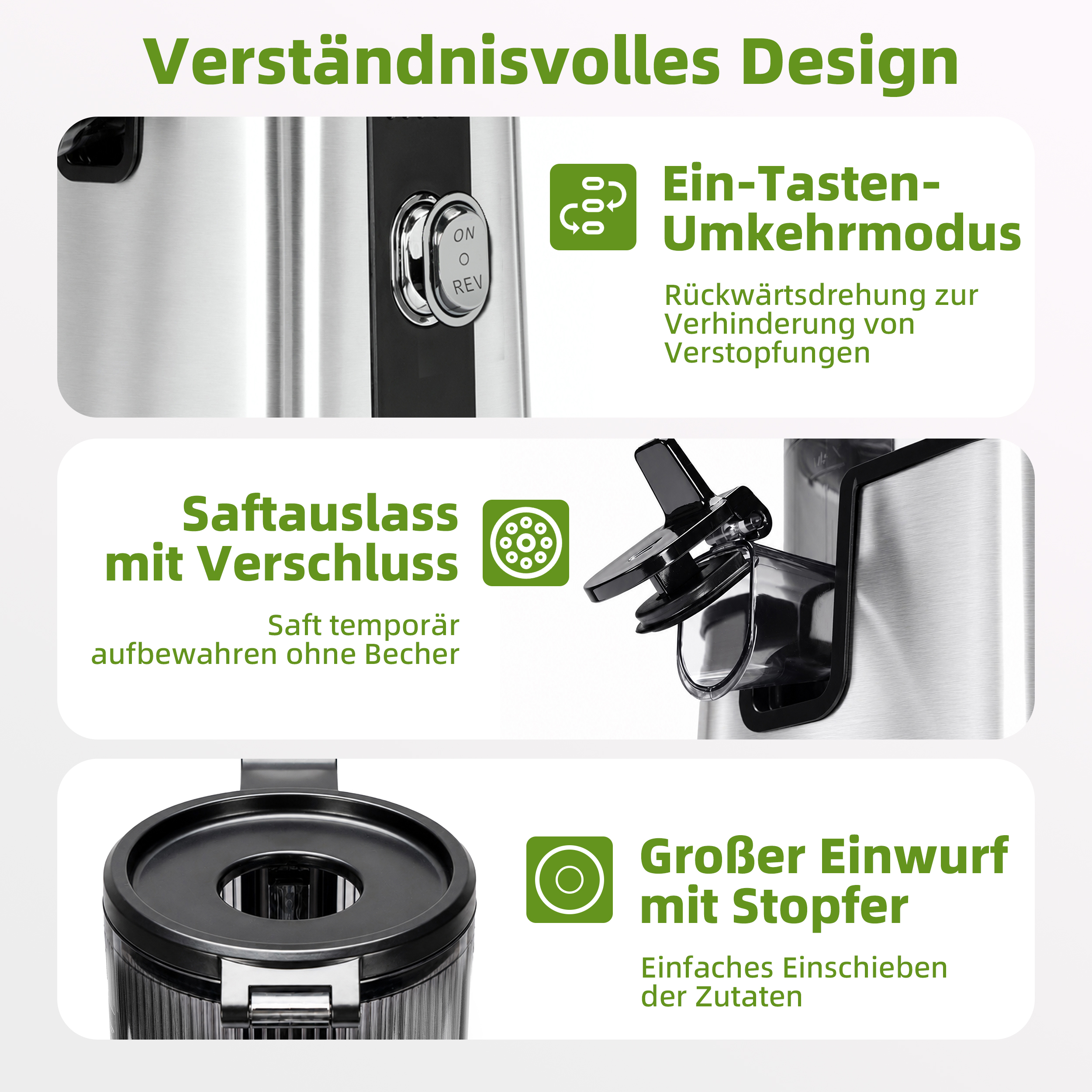 Infografik zeigt drei Produktmerkmale eines Entsafters: Schalter, Saftauslass mit Verschluss und großer Einwurf.