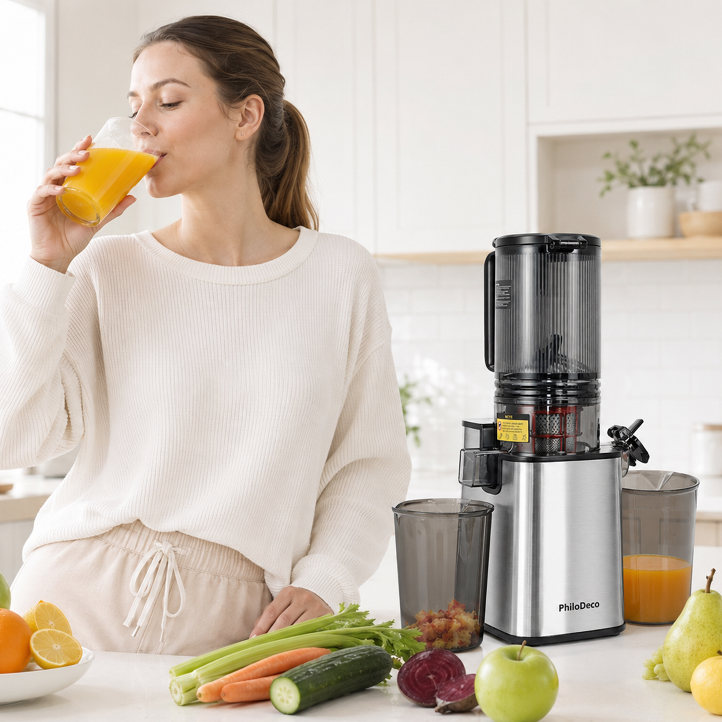 Eine Frau trinkt Orangensaft in einer Küche neben einem Entsafter und frischem Obst und Gemüse.