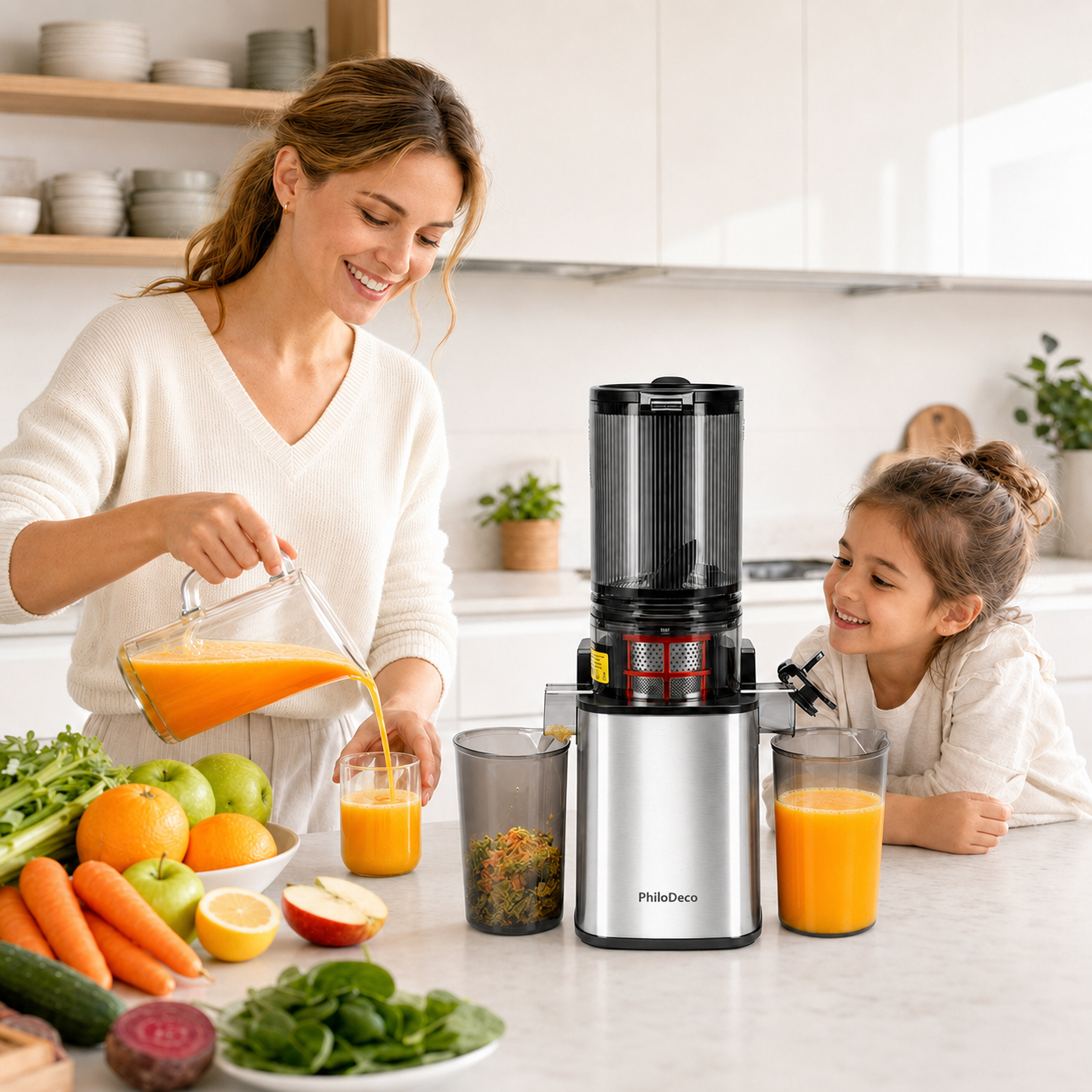 Eine Frau gießt Orangensaft ein, während ein Mädchen zuschaut, neben einem Entsafter und frischem Obst in der Küche.