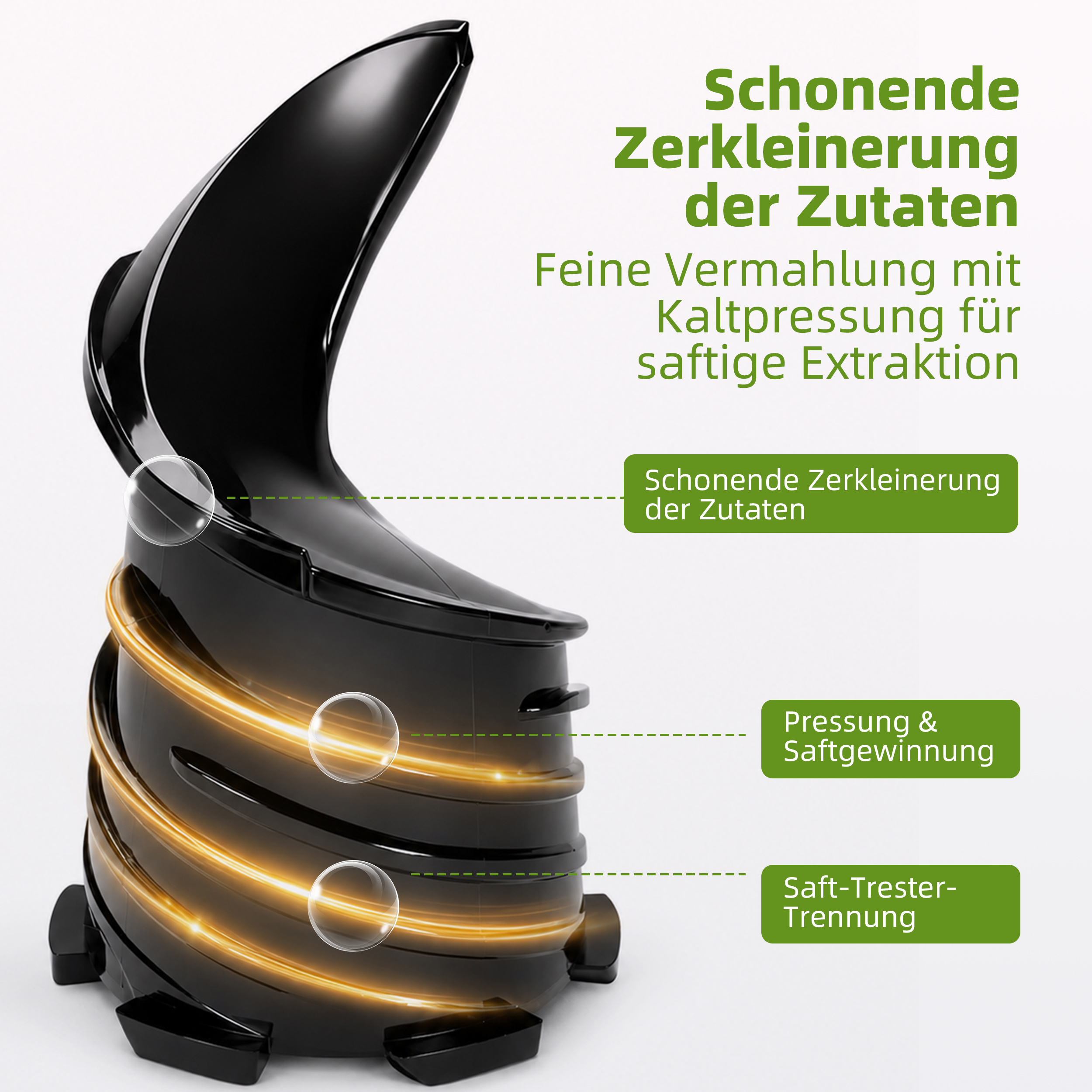 Schwarze Squeezer-Schnecke mit Erklärungen auf Deutsch zur schonenden Kaltpressung und Saftgewinnung.