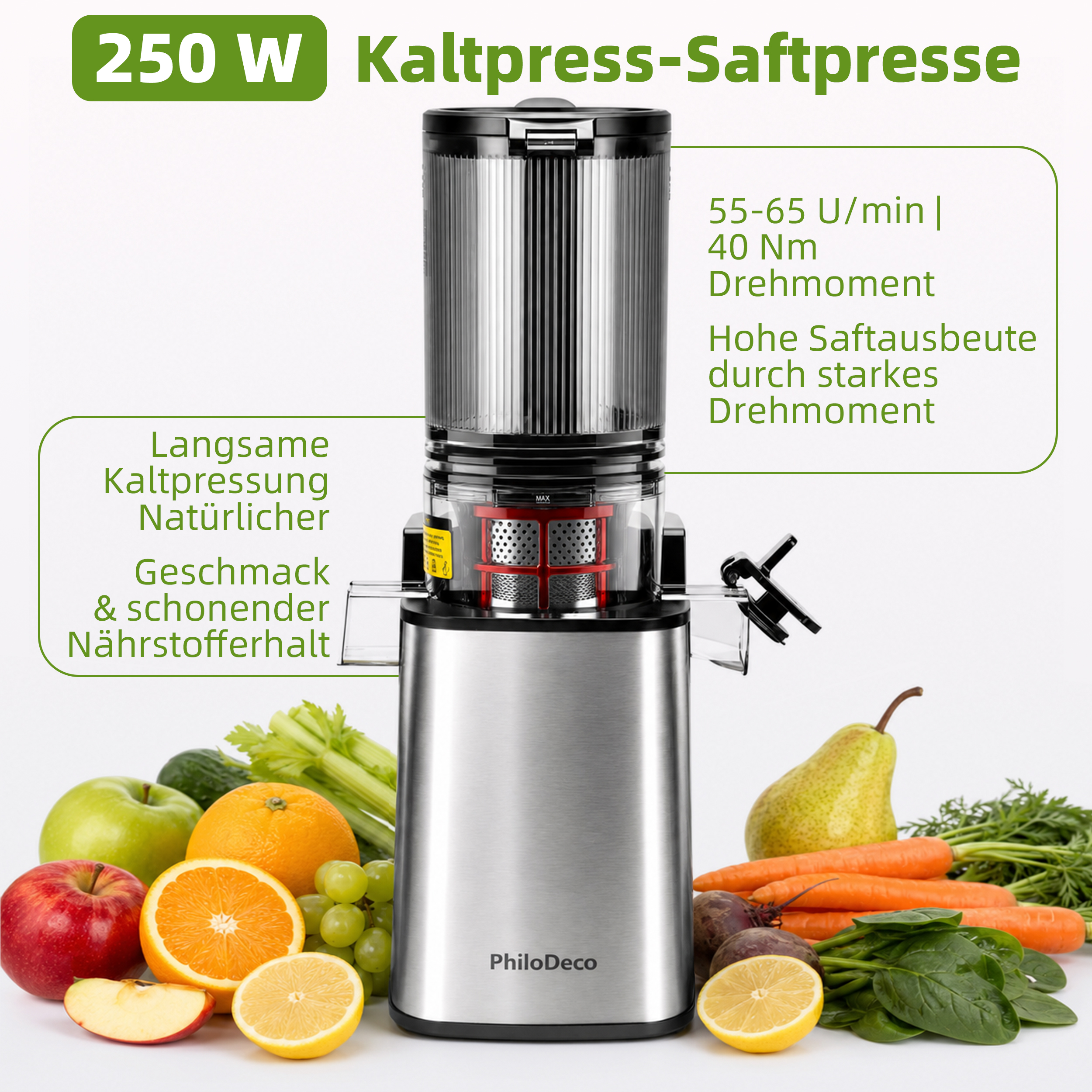 Eine Edelstahl-Kaltpresse-Saftpresse, umgeben von frischem Obst und Gemüse vor weißem Hintergrund.