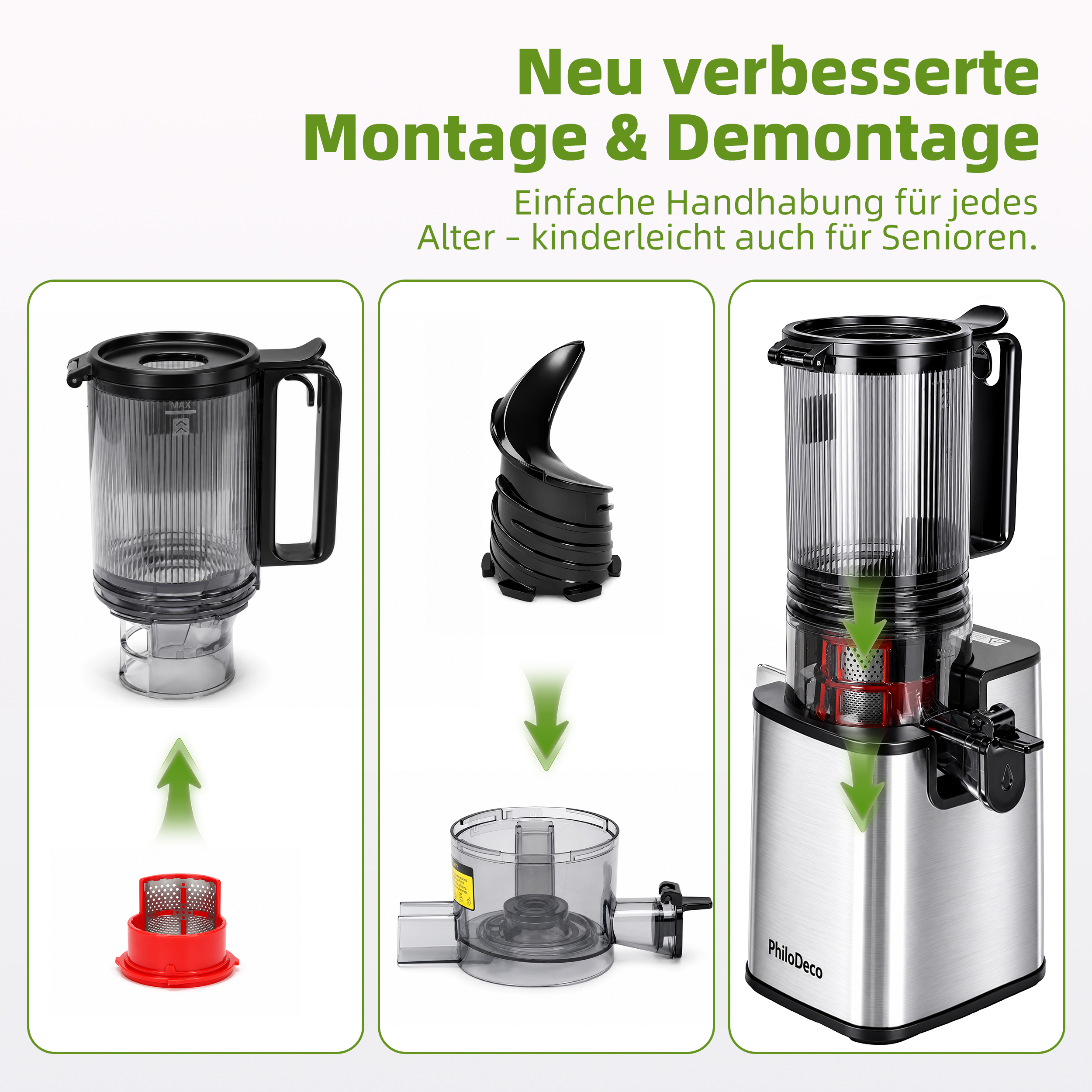Diagramm zeigt die einfache Montage der Einzelteile eines silbernen Entsafters mit schwarzen Akzenten.