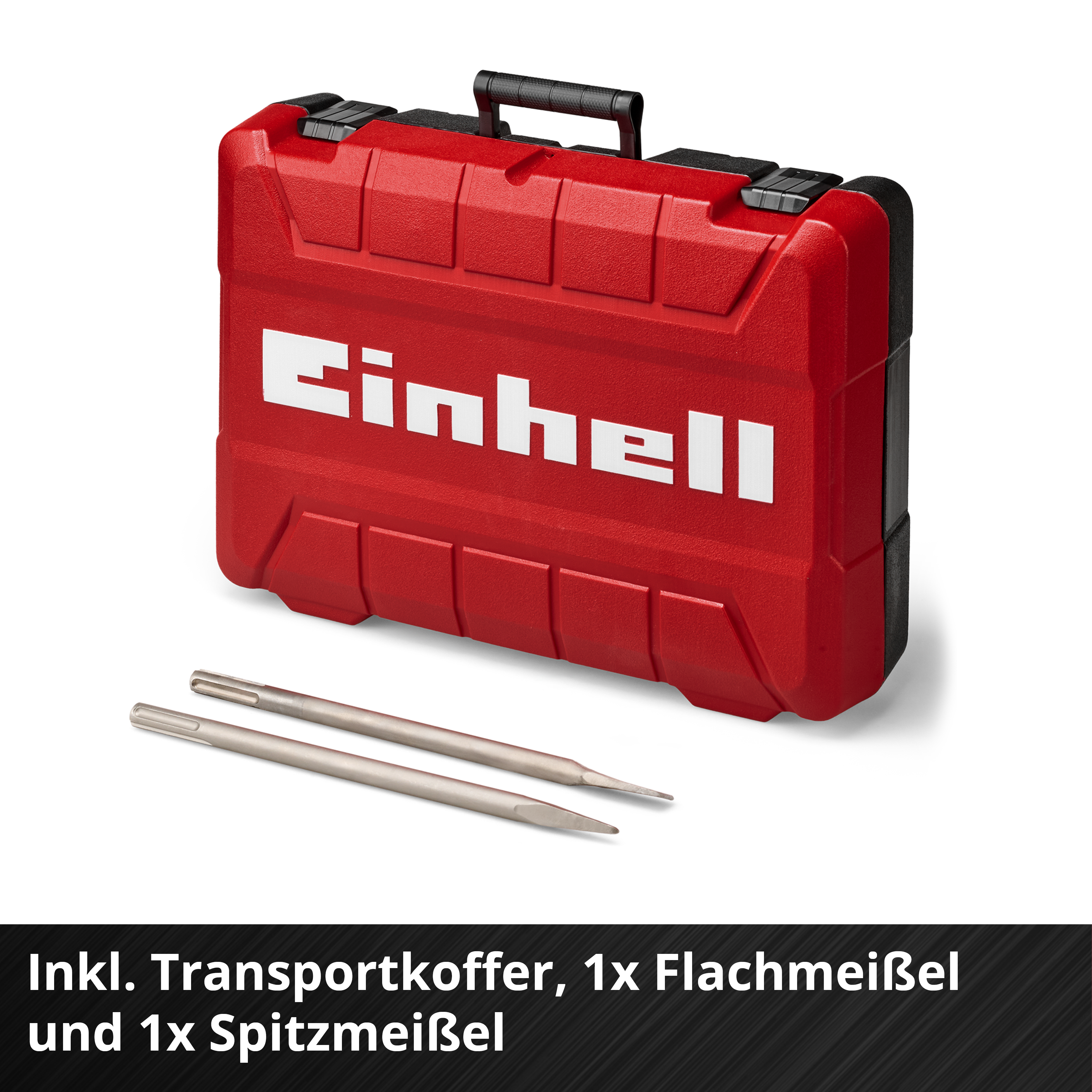 Ein roter Einhell Transportkoffer mit schwarzem Griff und zwei Metall-Chiseln davor auf weißem Grund.