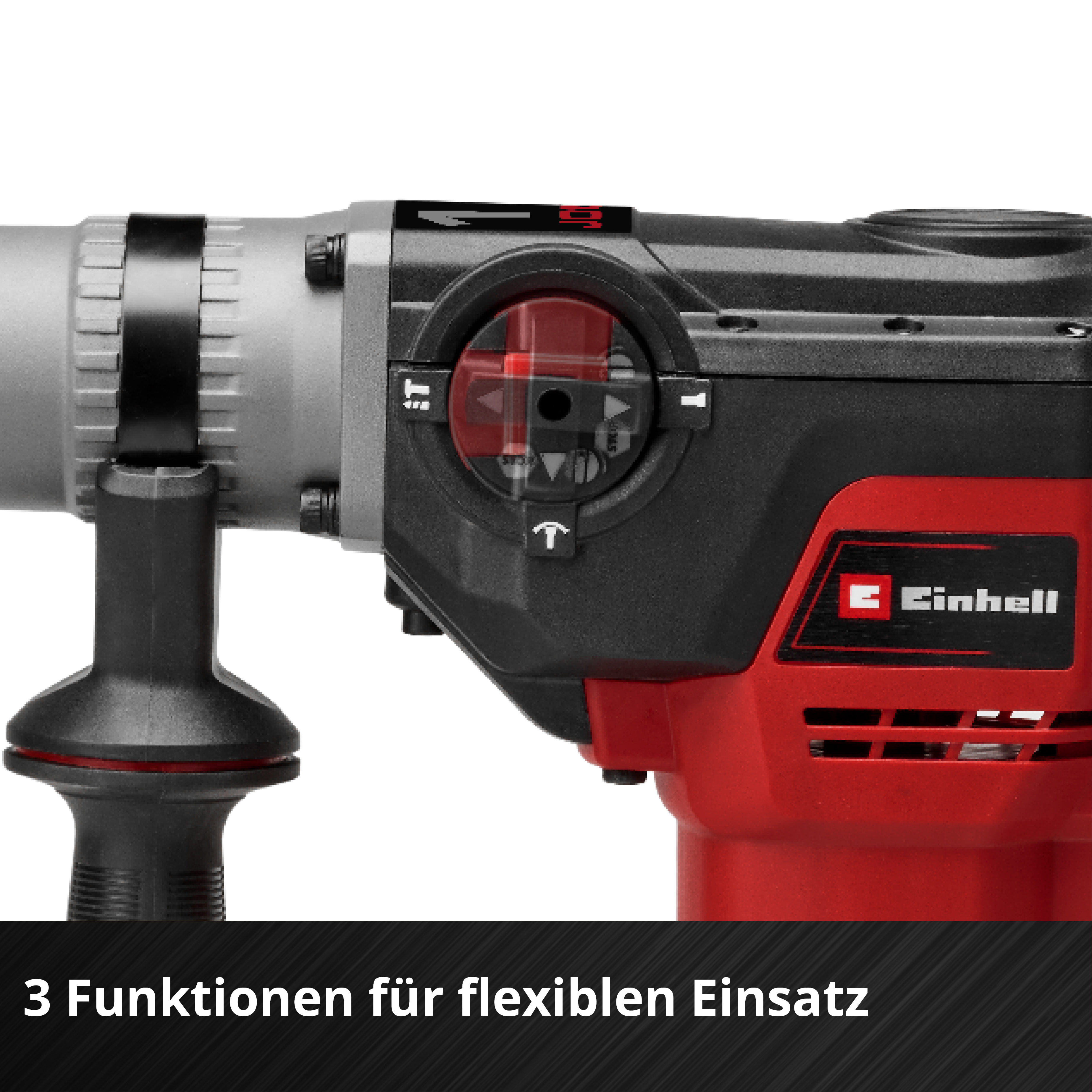Rot-schwarzer Einhell Bohrhammer mit Funktionswahlschalter und Zusatzhandgriff.