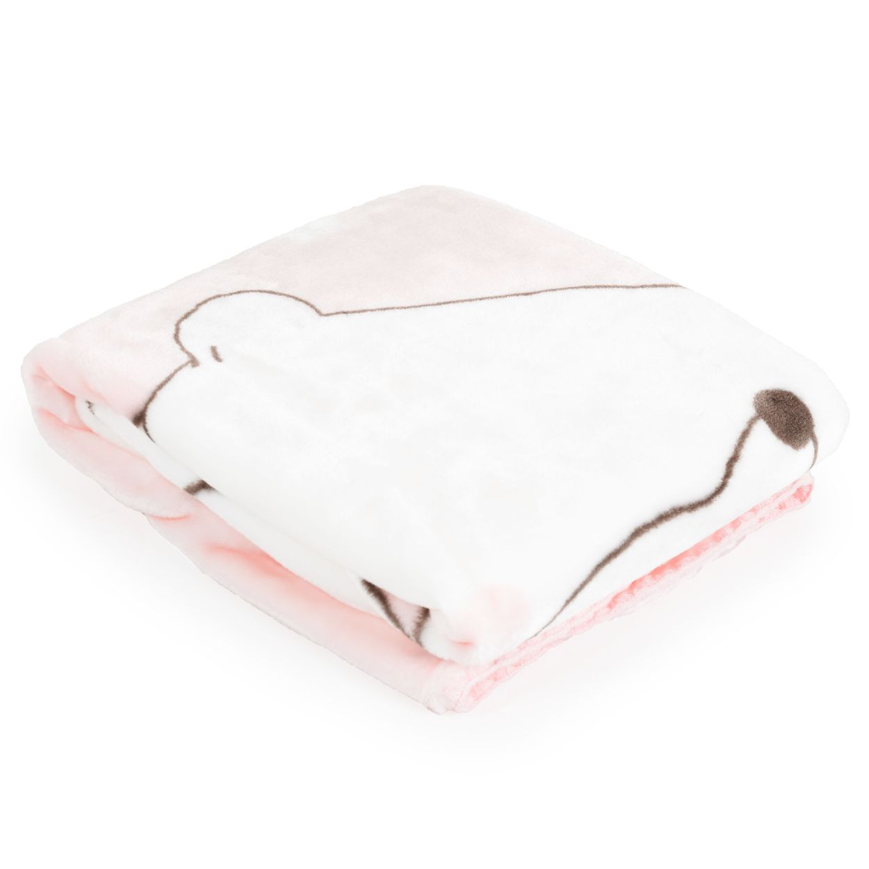 Eine gefaltete rosa-weiße Plüsch-Babydecke mit einer abstrakten braunen Strichzeichnung auf weißem Hintergrund.