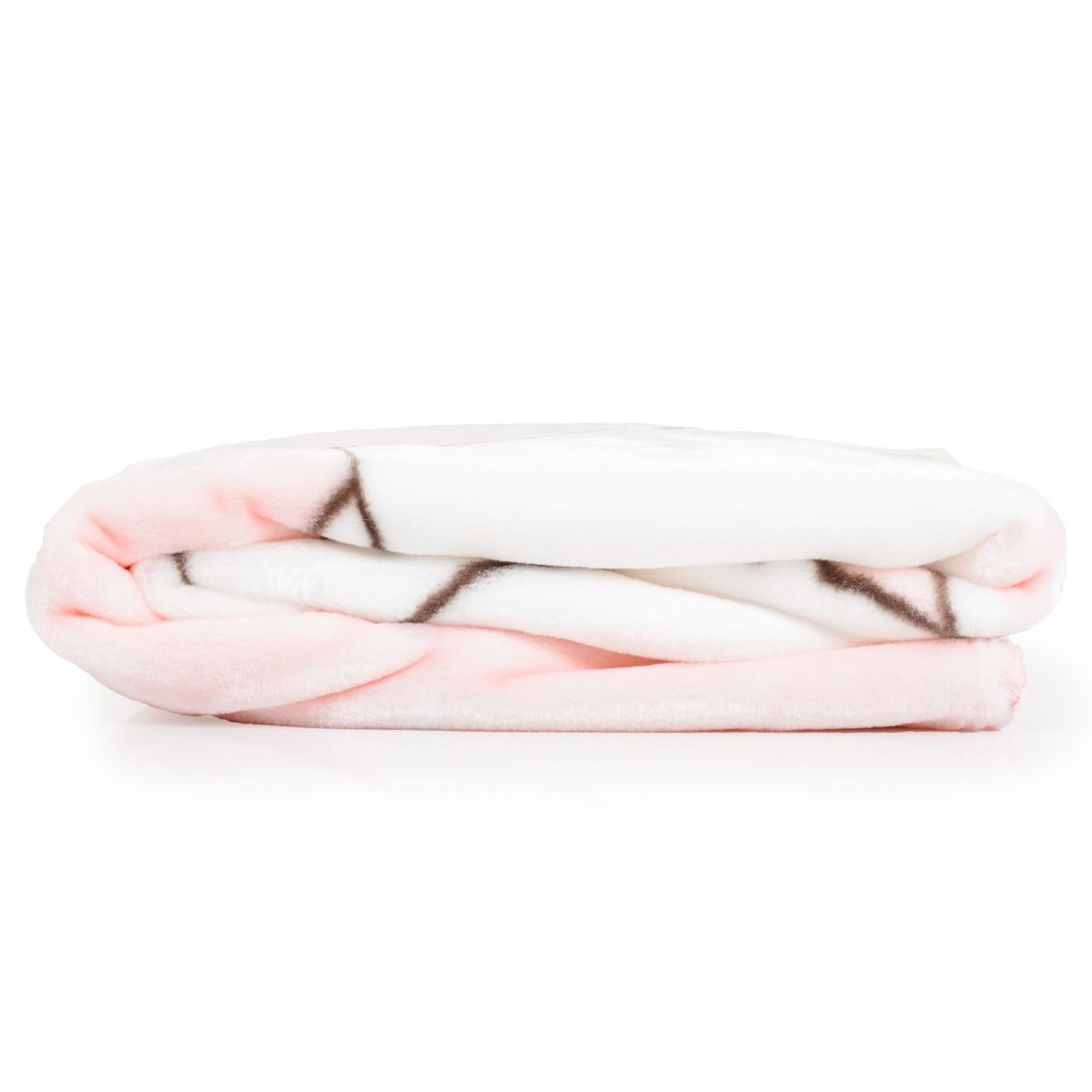 Eine gefaltete rosa-weiße Decke mit dunklen Linienmuster auf weißem Hintergrund.