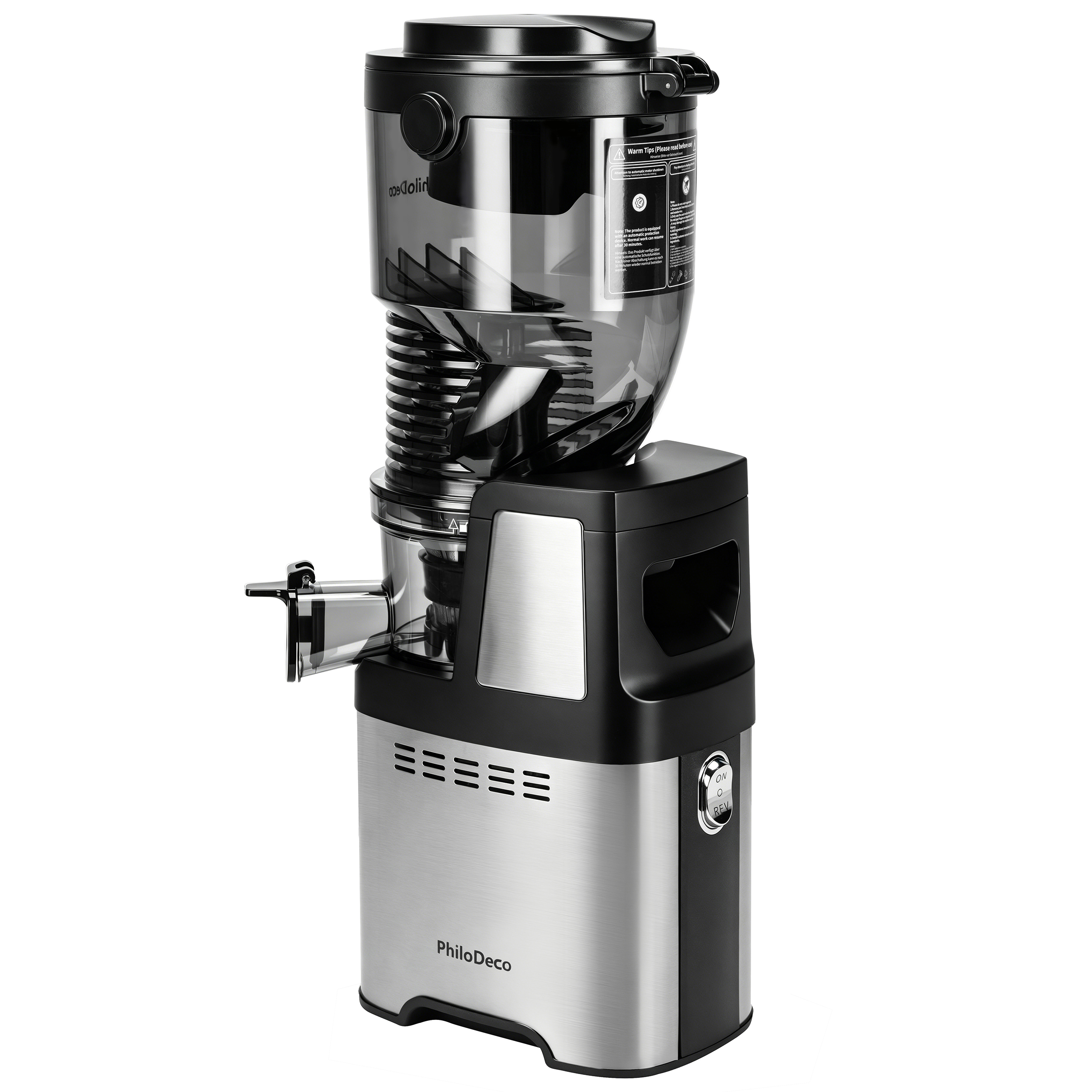 Ein silberner und schwarzer PhiloDeco Slow Juicer steht vor einem weißen Hintergrund.