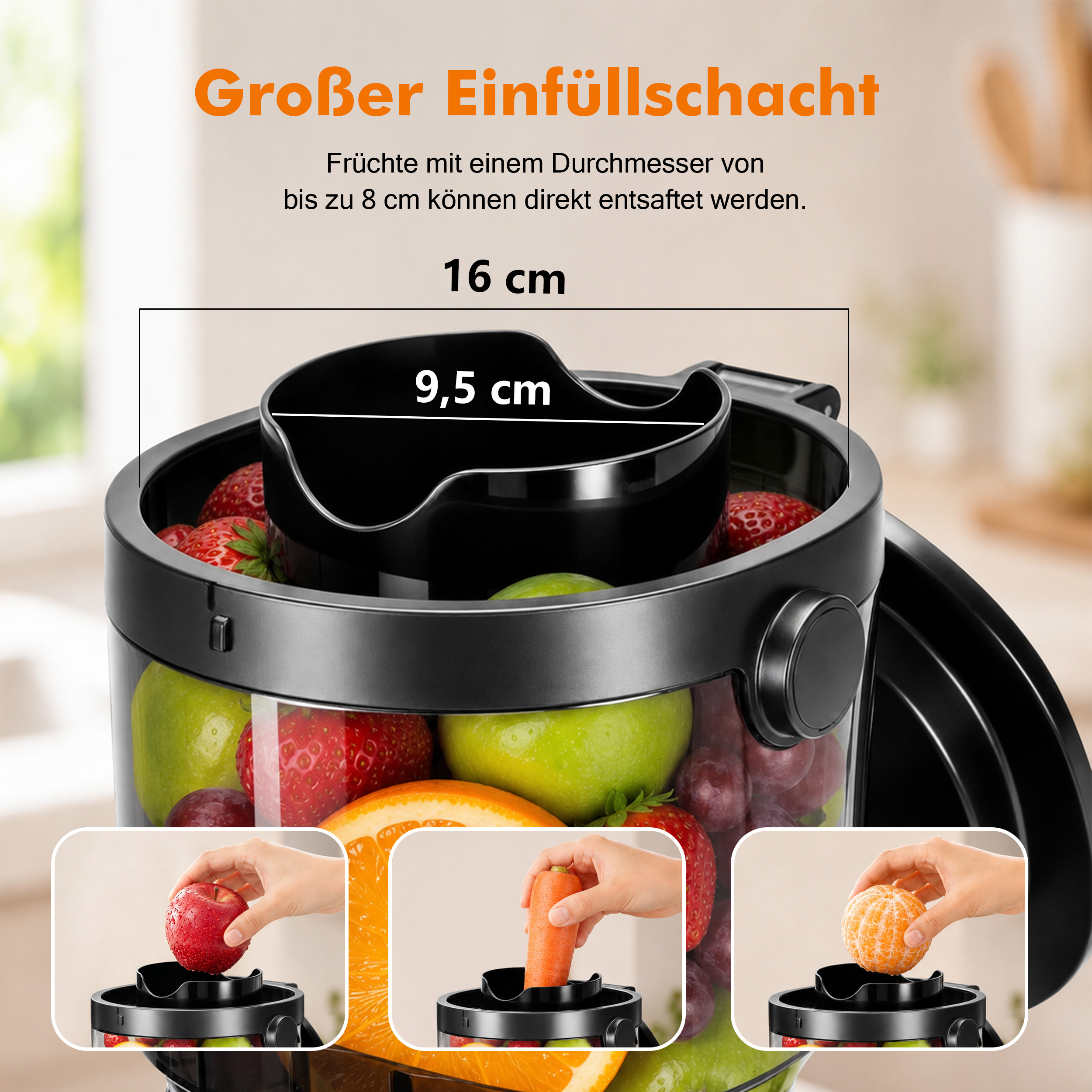 Großer Entsafter mit 9,5 cm und 16 cm Schacht; unten Hände, die Apfel, Karotte und Orange einfüllen.