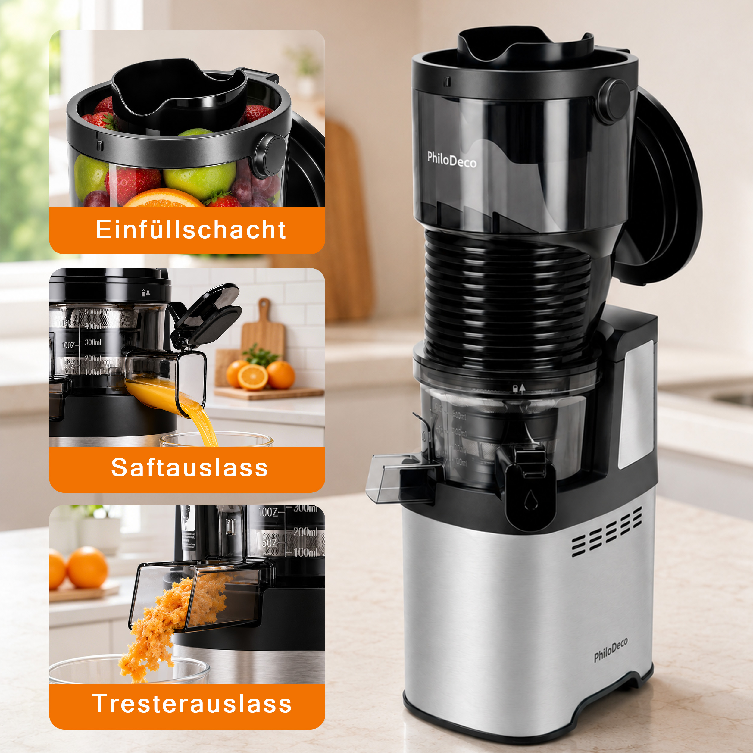 Schwarzer Entsafter auf einer Theke mit drei kleinen Inset-Bildern, die Einffüllschacht, Saft- und Tresterauslass zeigen.