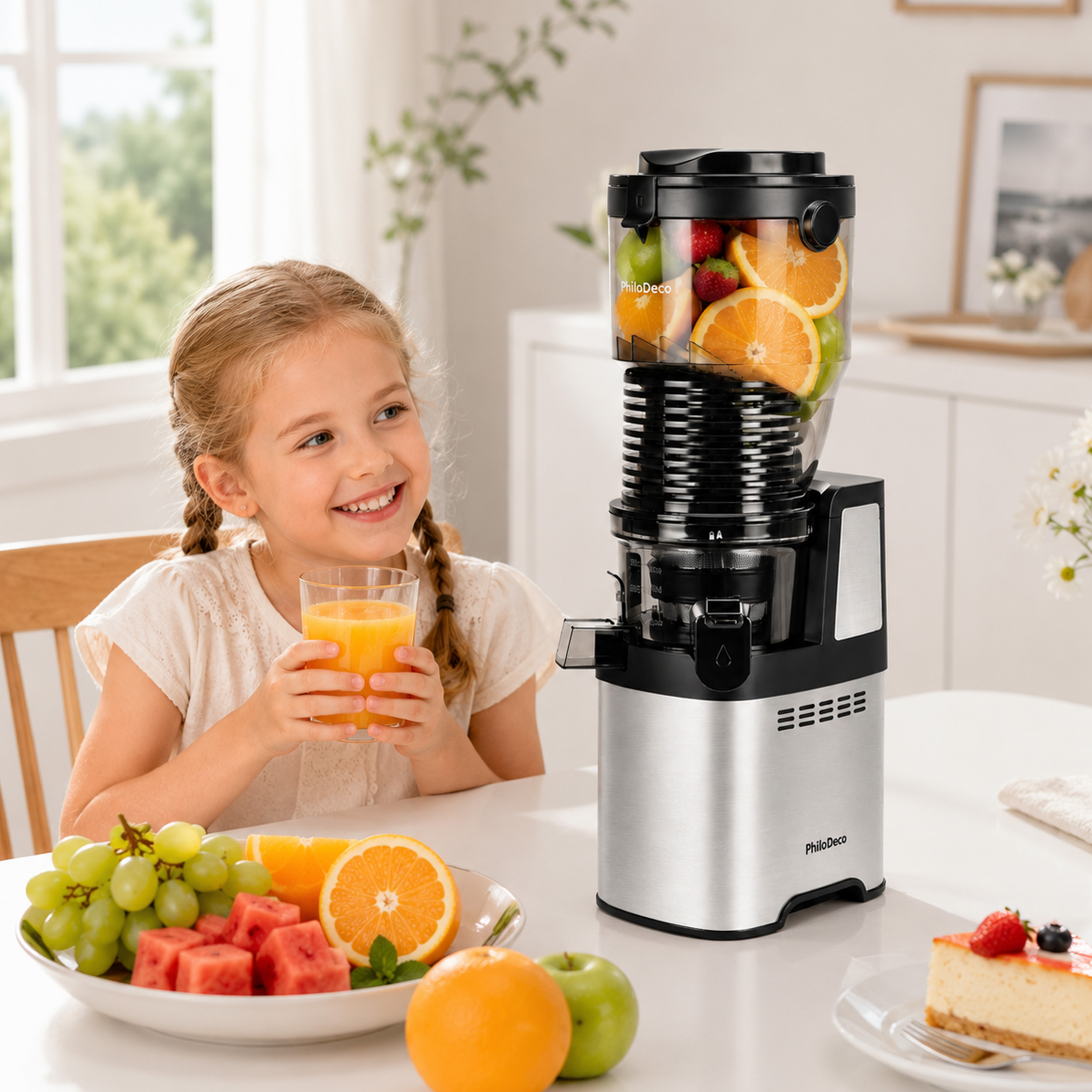 Ein lächelndes Mädchen hält Saft neben einem Entsafter, einer Obstschale und Kuchen.