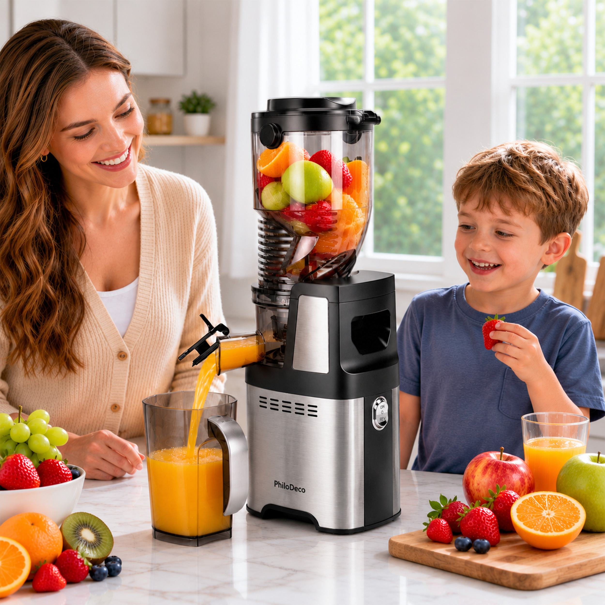 Eine Mutter und ein Sohn lächeln, während ein Entsafter in einer hellen Küche frisch gepressten Orangensaft gießt.