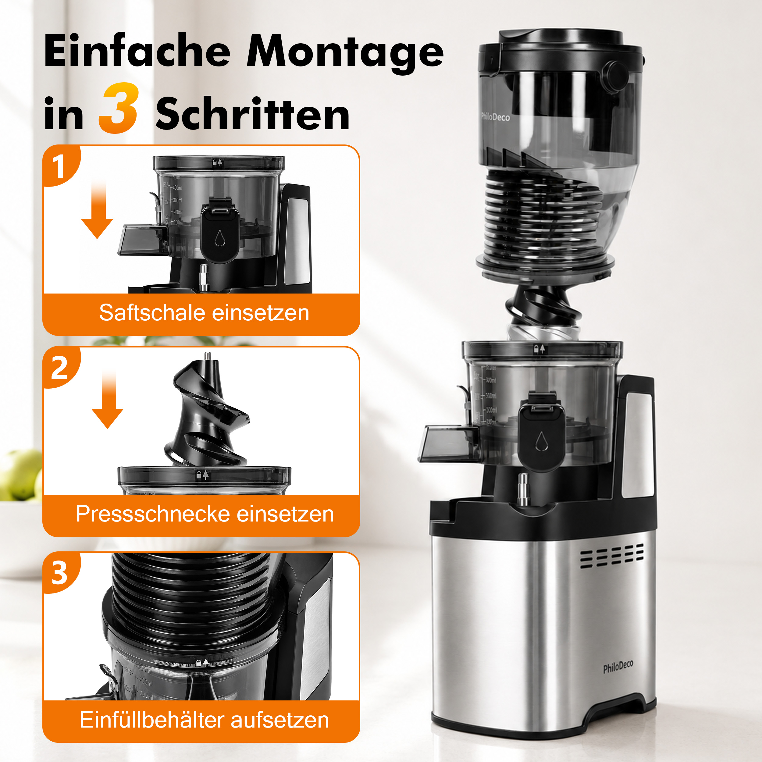 Anleitung zur einfachen Montage eines Entsafters in drei Schritten mit Bildern.