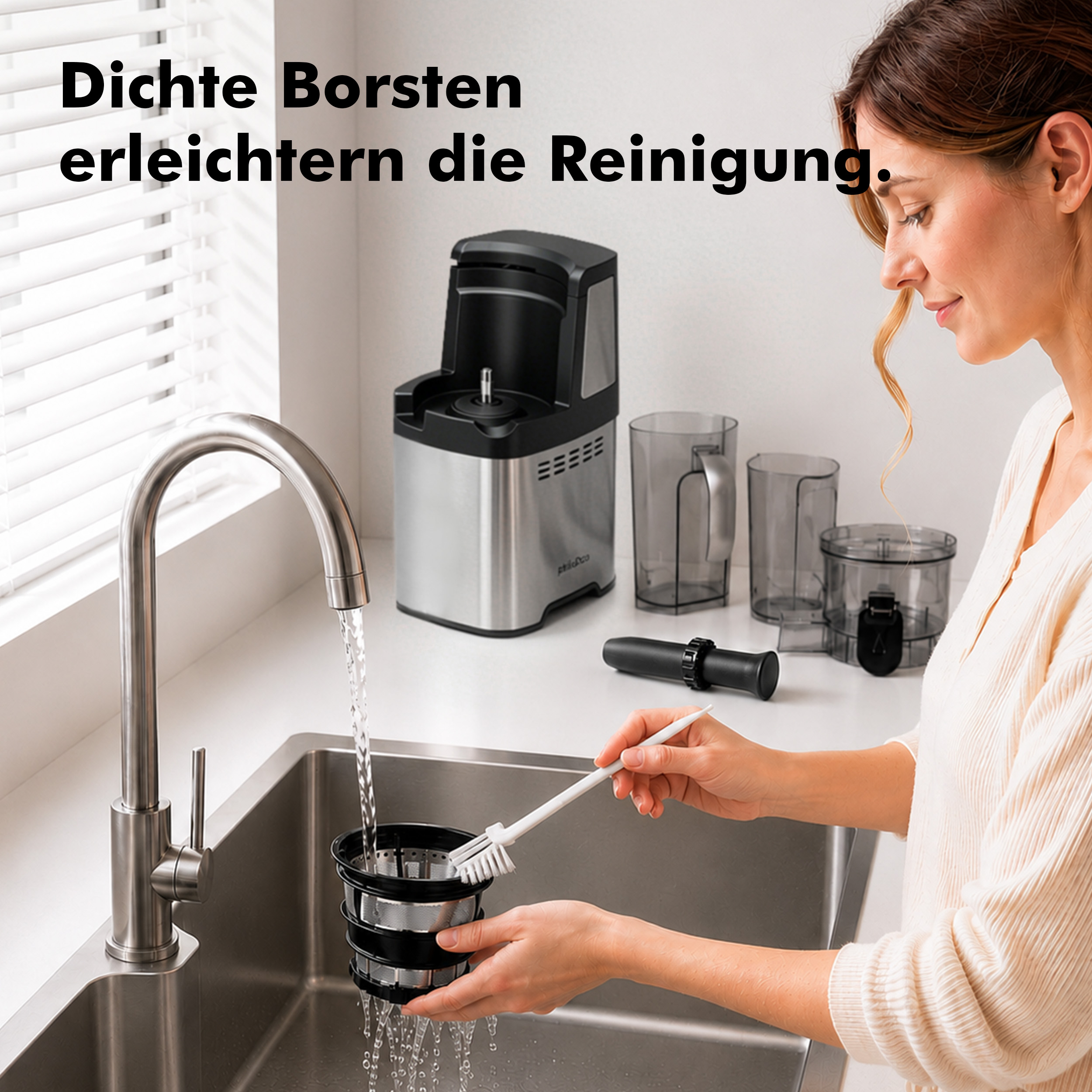 Eine Frau wäscht ein Küchensieb im Spülbecken unter fließendem Wasser.