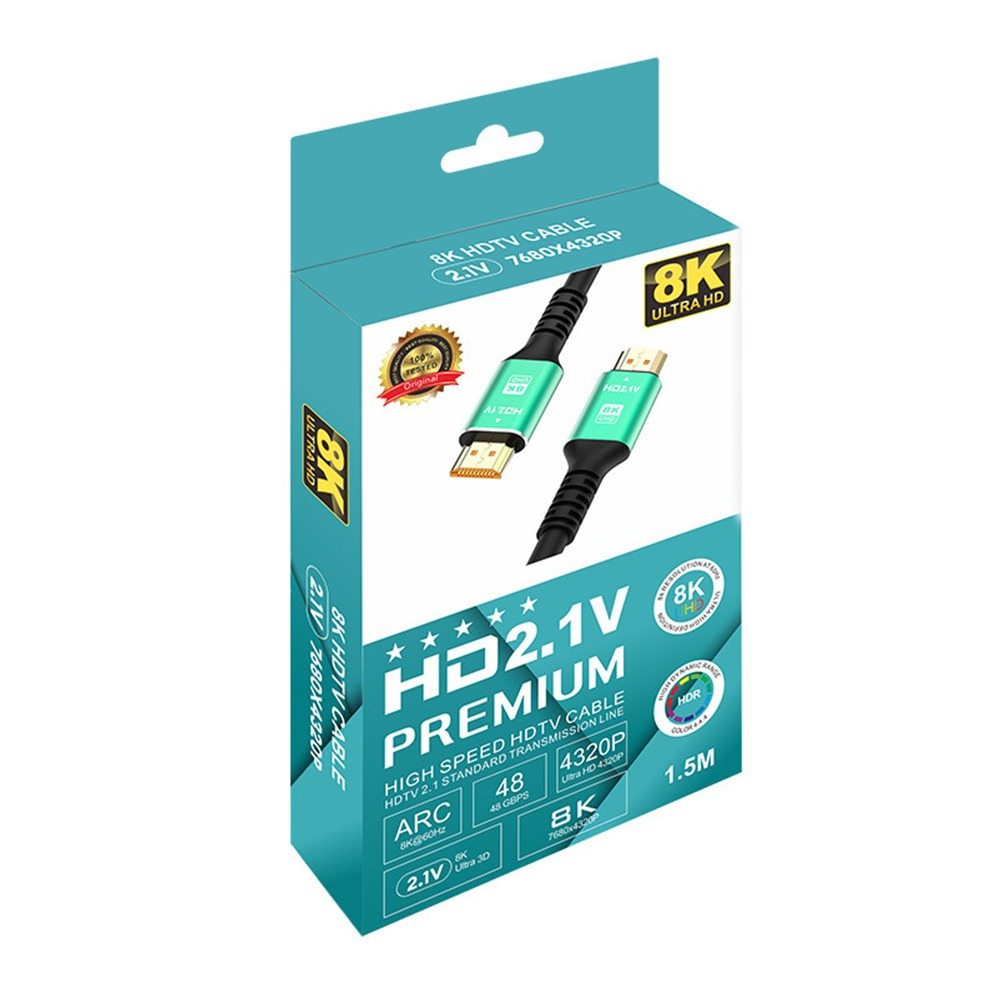 Türkise Produktverpackung für ein 8K Ultra HD 2.1V Premium-HDMI-Kabel mit goldenen Anschlüssen.