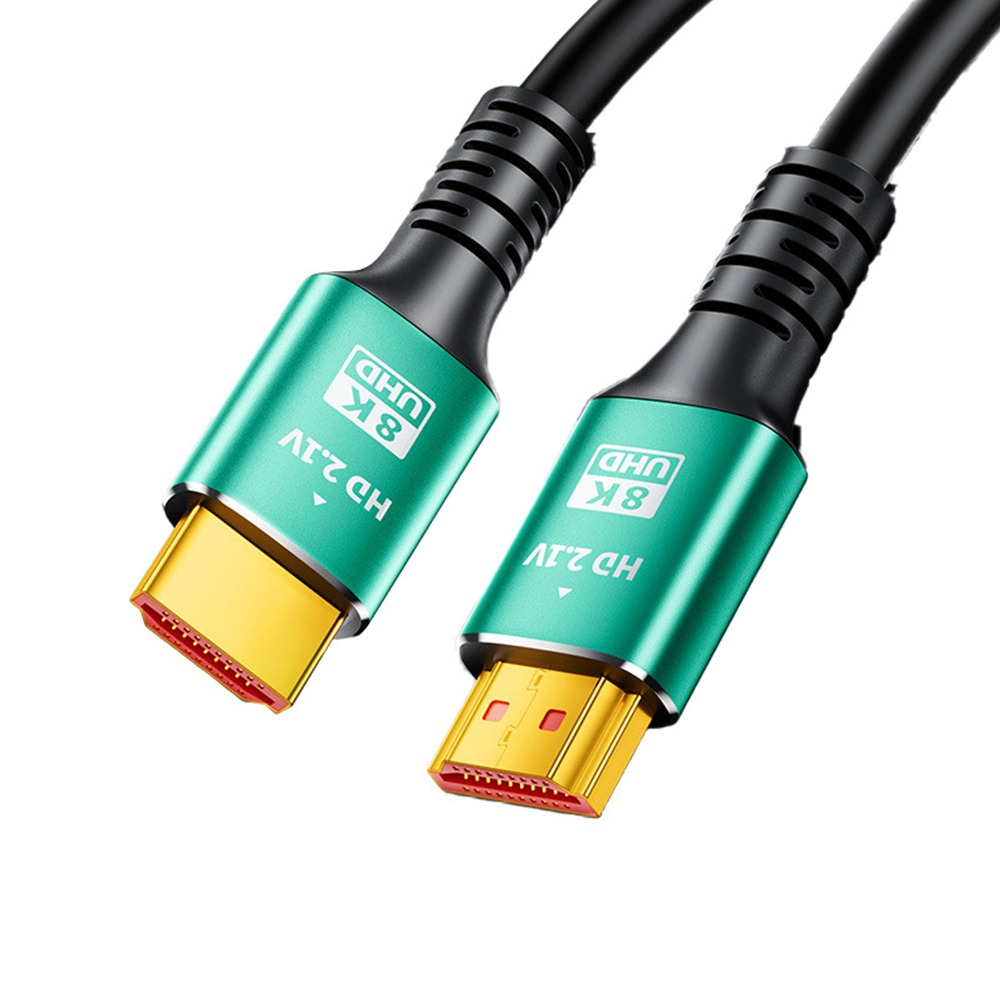 Zwei HDMI 2.1-Kabel mit goldenen Steckern und türkisgrünen Metallgehäusen auf weißem Hintergrund.