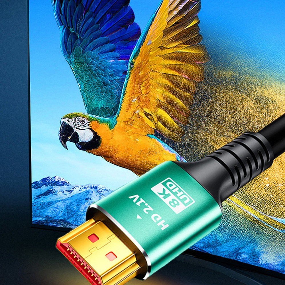 Ein HDMI 2.1-Kabel mit goldener Steckverbindung vor einem TV-Bildschirm, der einen bunten Papagei zeigt.