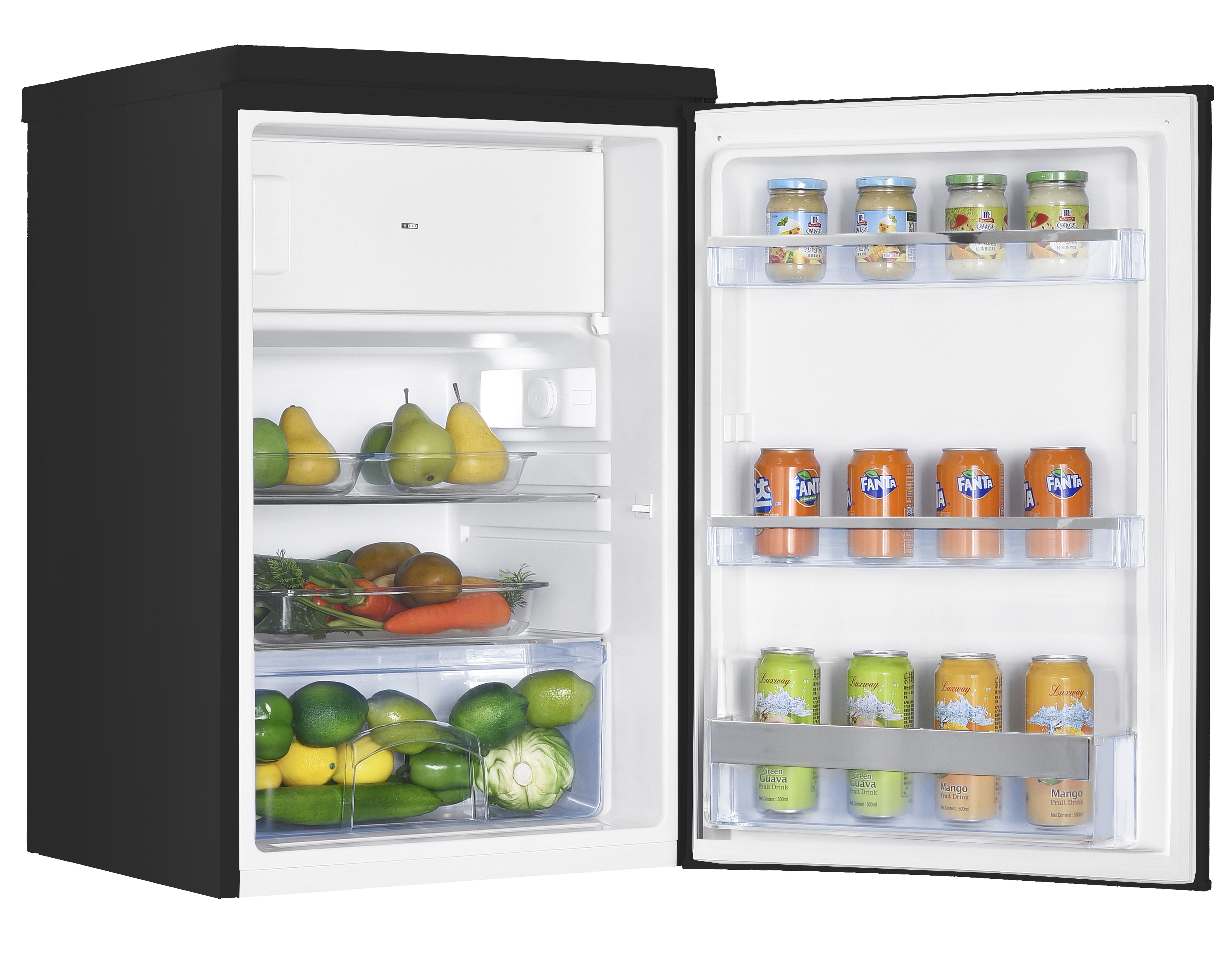 Open black mini fridge with jars, orange juice cans, and fresh fruits and vegetables on the shelves.