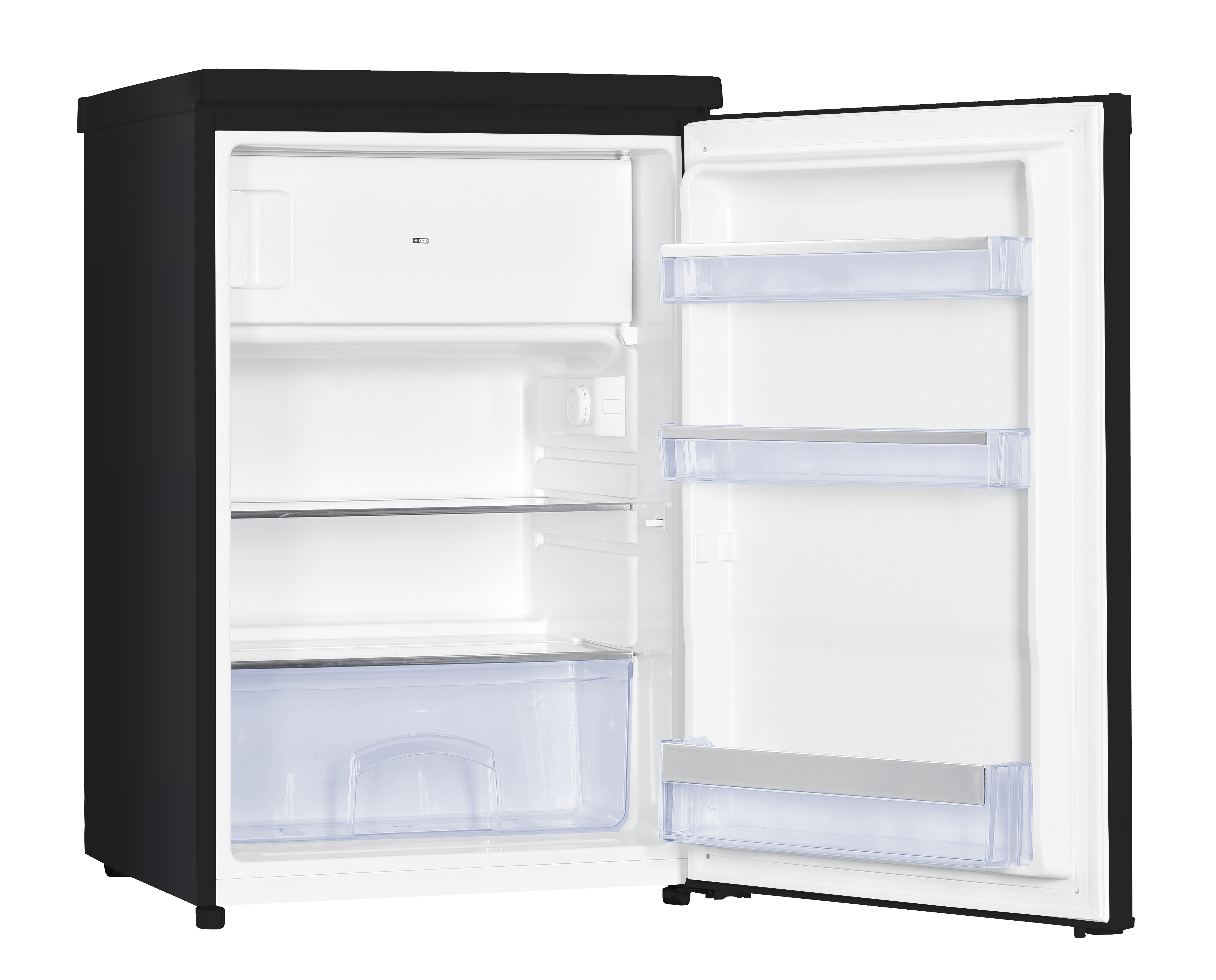 A small black refrigerator with its white door open, showing empty shelves and a bottom drawer.