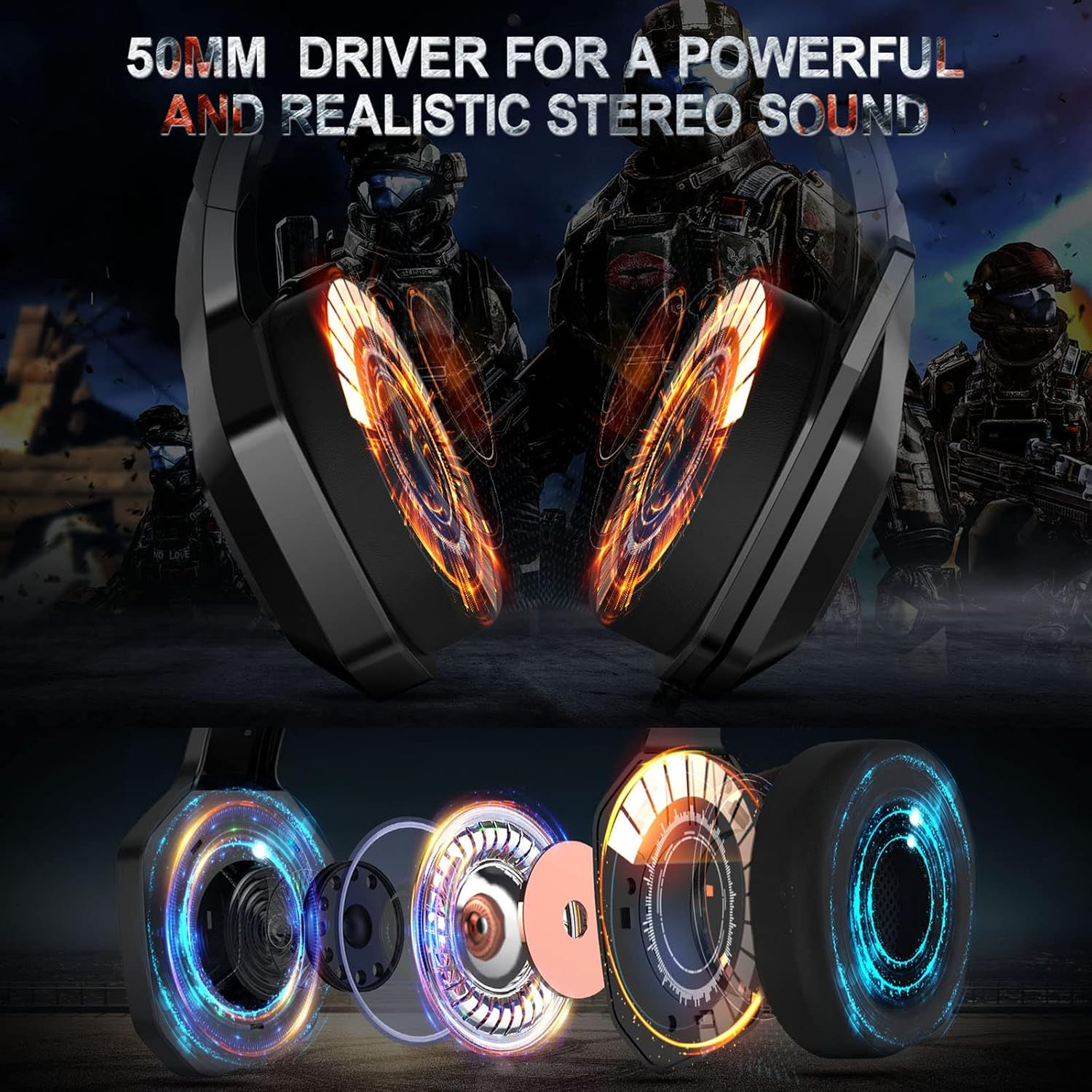Gaming-Headset mit 50-mm-Treibern vor einem Soldaten-Hintergrund, unten in seine Einzelteile zerlegt gezeigt.