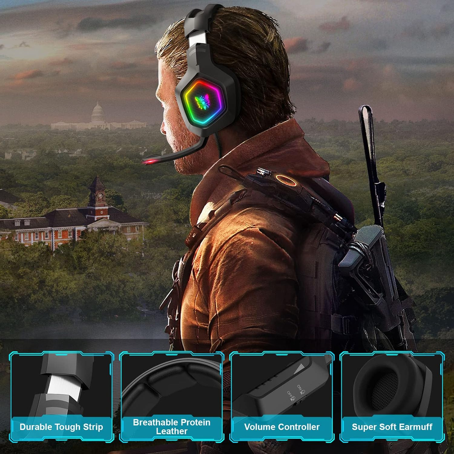 Mann mit RGB-Gaming-Headset vor verschwommenem Hintergrund, mit kleinen Funktionsdetails unten.