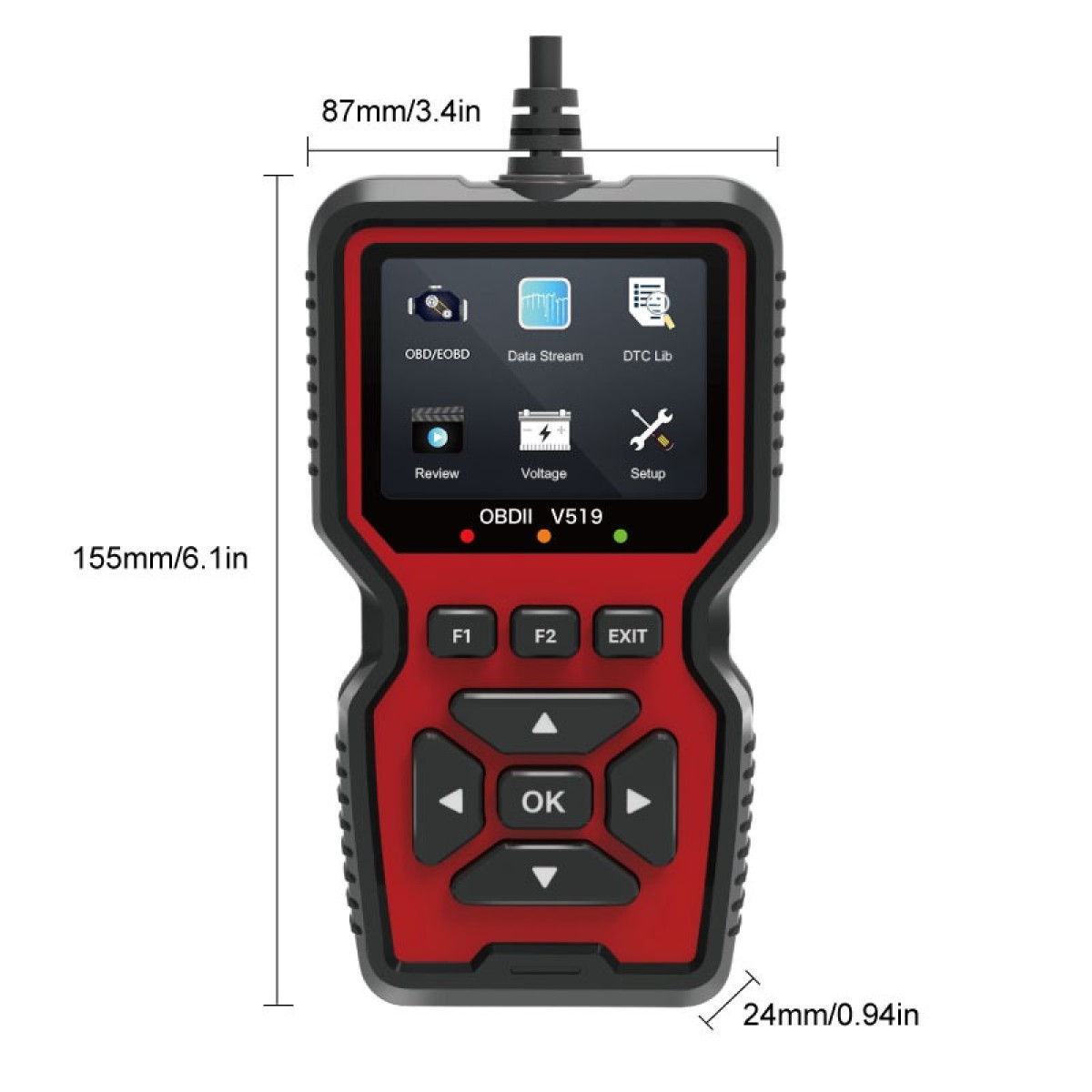 Schwarzes und rotes OBD2-Diagnosegerät mit Display und Tasten, inklusive Maßangaben in mm und Zoll.