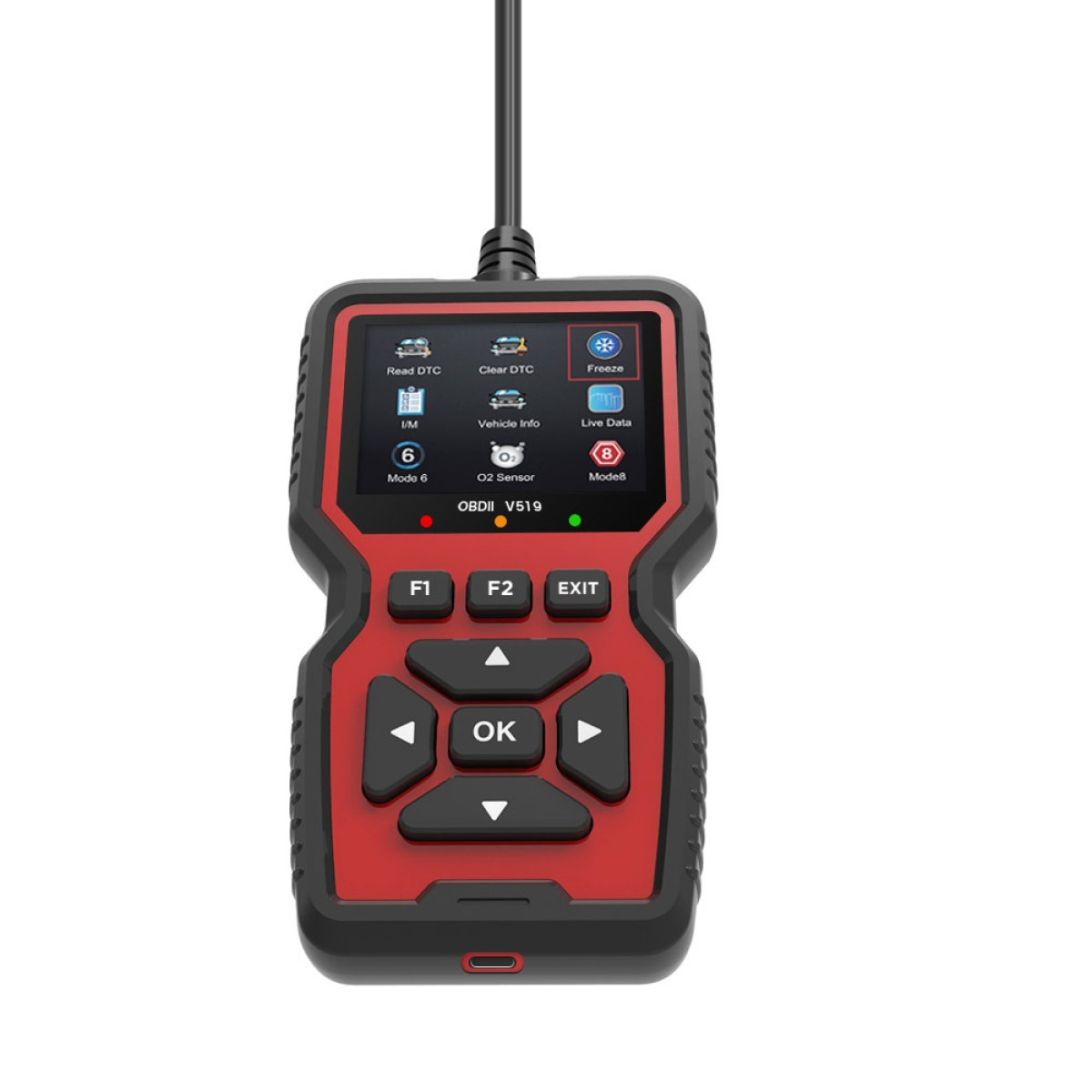 Rot-schwarzes OBDII V519 Diagnosegerät mit Farbbildschirm, Funktions- und Navigationstasten und Kabel.