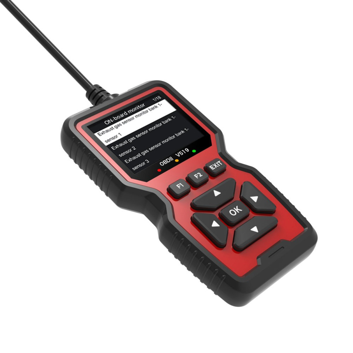 Ein rot-schwarzes OBD2-Kfz-Diagnosegerät mit Display und Tasten zeigt Menütexte.