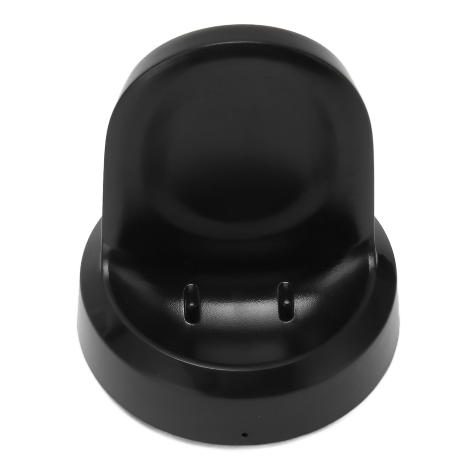 Eine schwarze, runde Smartwatch-Ladestation mit zwei Pins auf weißem Hintergrund.