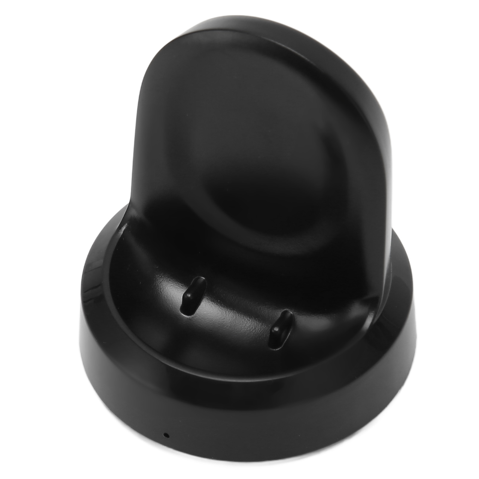 Eine schwarze, runde Smartwatch-Ladestation mit zwei Pins in der Mitte vor weißem Hintergrund.