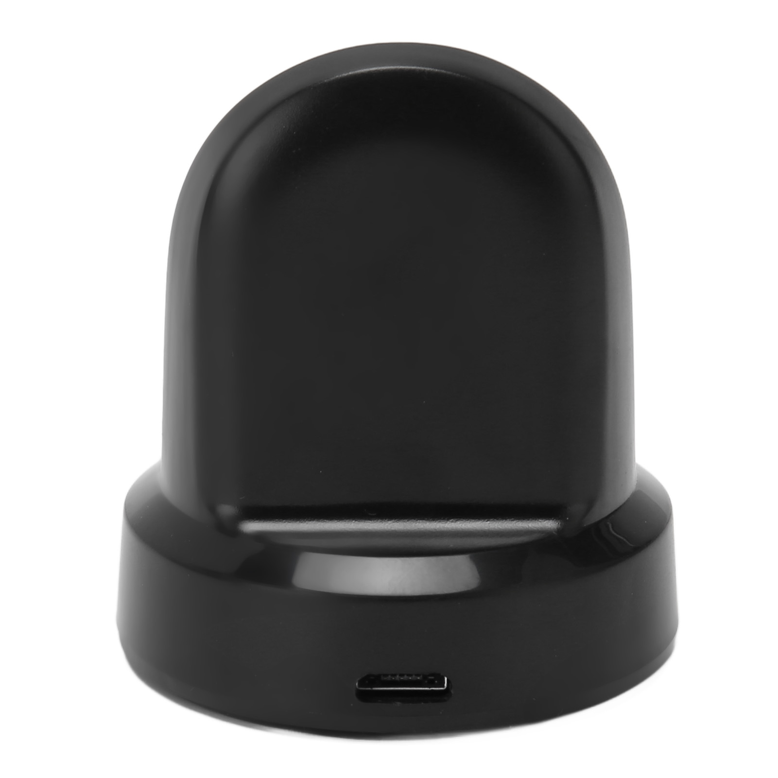 Eine schwarze Smartwatch-Ladestation aus Kunststoff mit Micro-USB-Anschluss vor weißem Hintergrund.