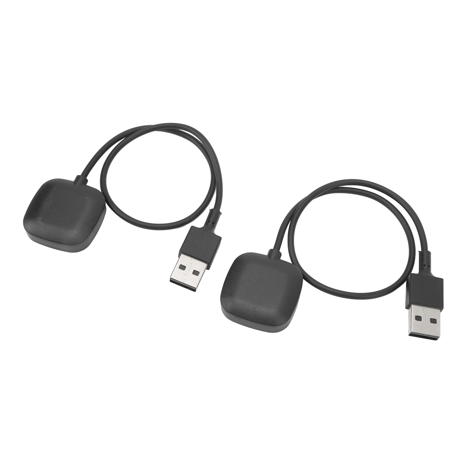 Zwei schwarze USB-Kabel mit flachen Sensoren auf einer weißen Unterlage.