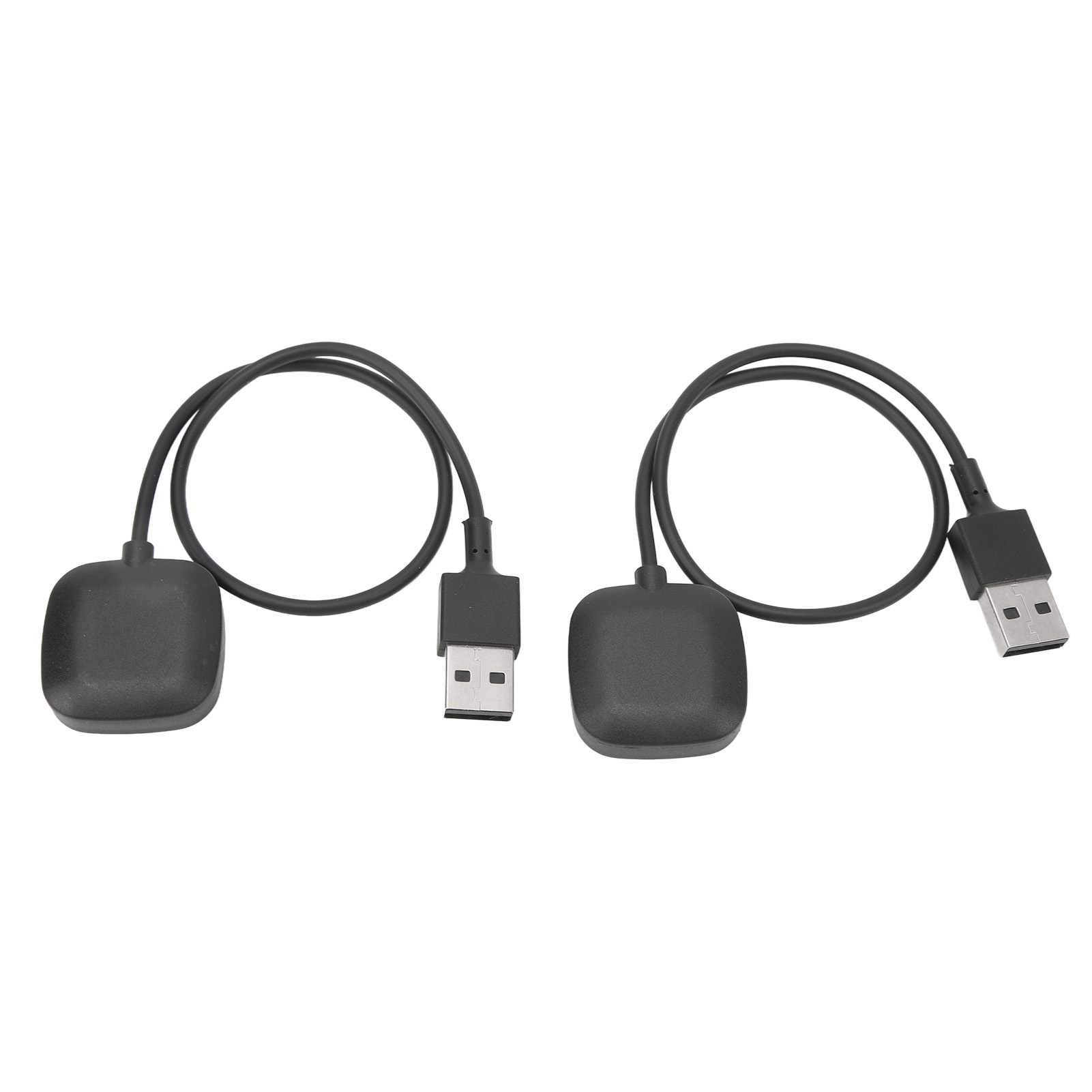 Zwei schwarze quadratische Sensormodule mit kurzen schwarzen Kabeln an USB-A-Steckern vor weißem Hintergrund.
