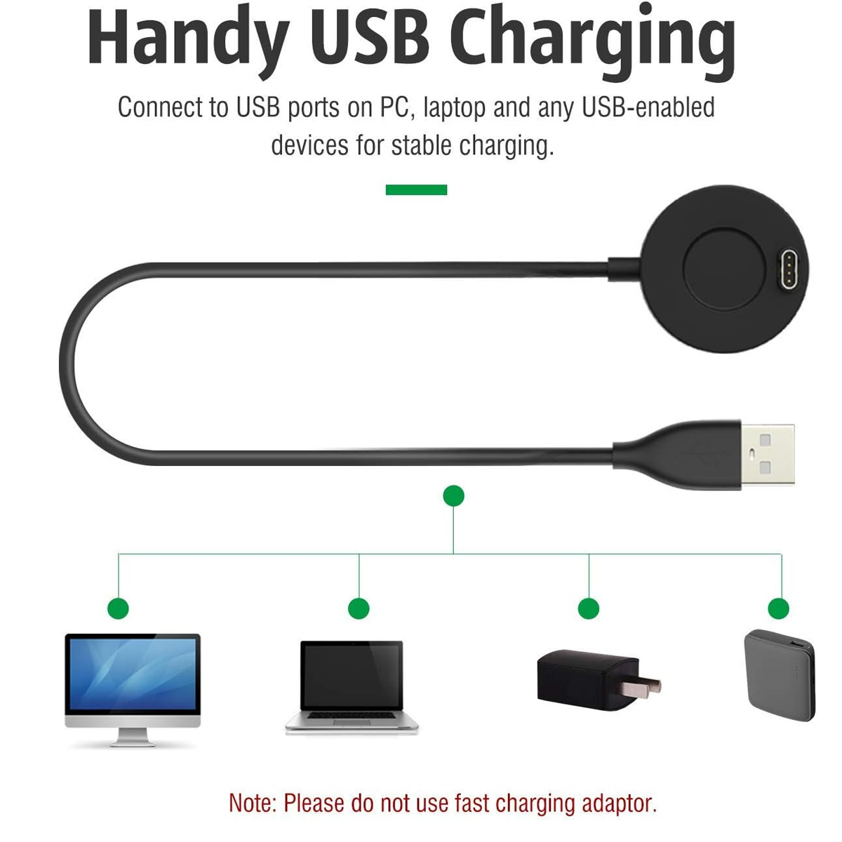 Ein schwarzes USB-Ladekabel mit Magnetscheibe verbindet sich mit PC, Laptop, Wandladegerät und Powerbank.