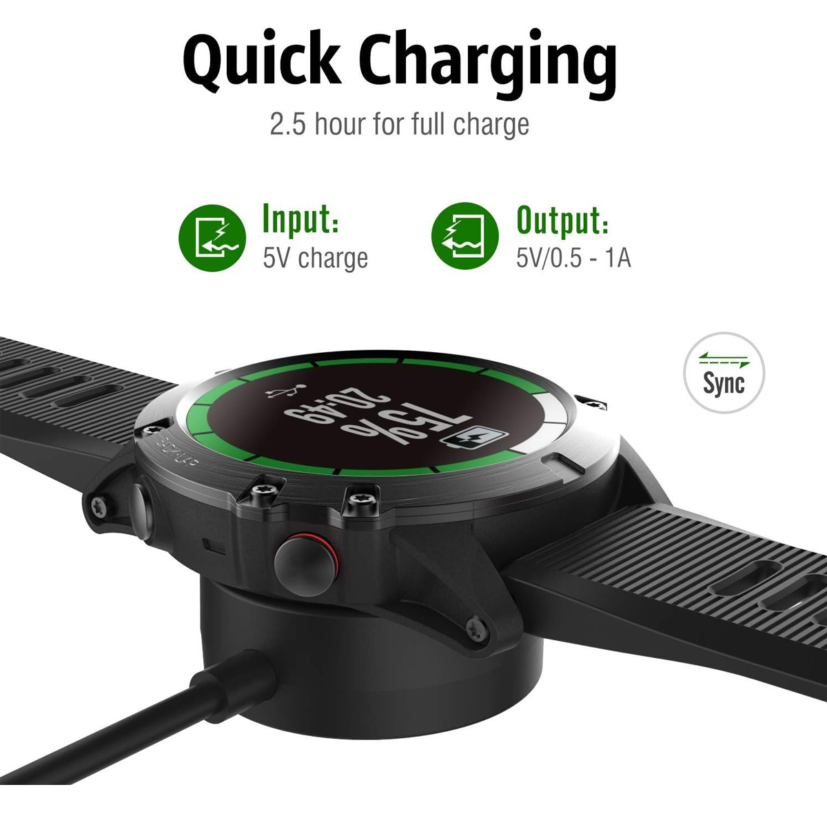Eine Smartwatch auf einem schwarzen Ladegerät mit Angaben zu Ladezeit und Strom.