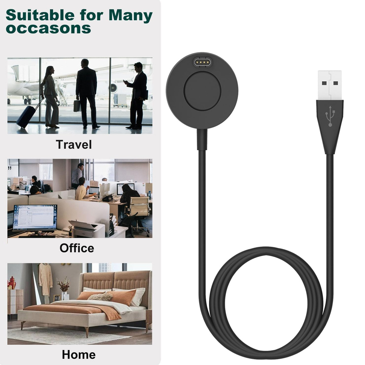 Ein schwarzes Smartwatch-Magnet-Ladekabel mit USB-Anschluss, neben Vorschaubildern von Reisen, Büro und Zuhause.