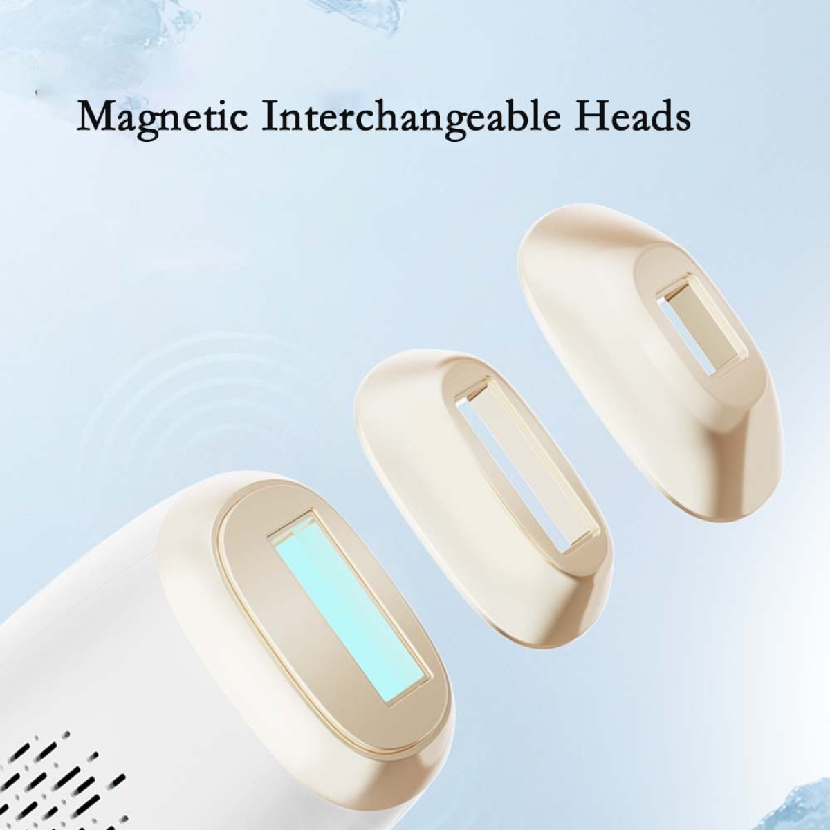 Drei goldene magnetische Aufsätze für ein IPL-Haarentfernungsgerät vor hellem Hintergrund.