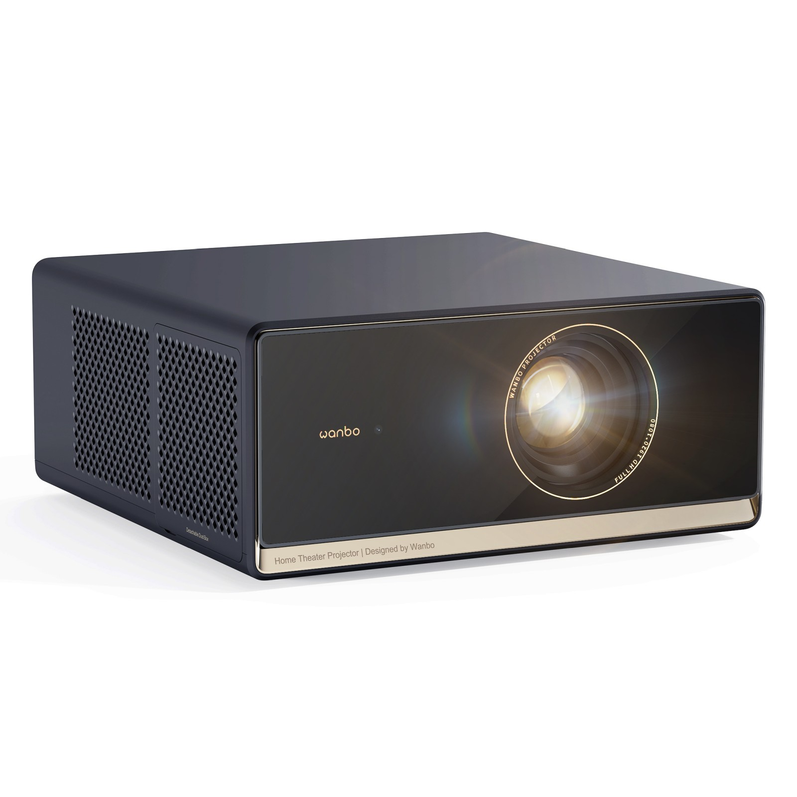 Un proyector de cine en casa Wanbo negro con lente y detalles dorados sobre fondo blanco.