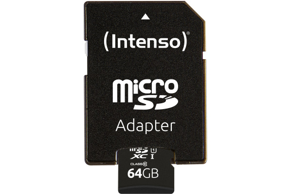 Un adaptateur micro SD Intenso noir avec une carte micro SD de 64 Go insérée.