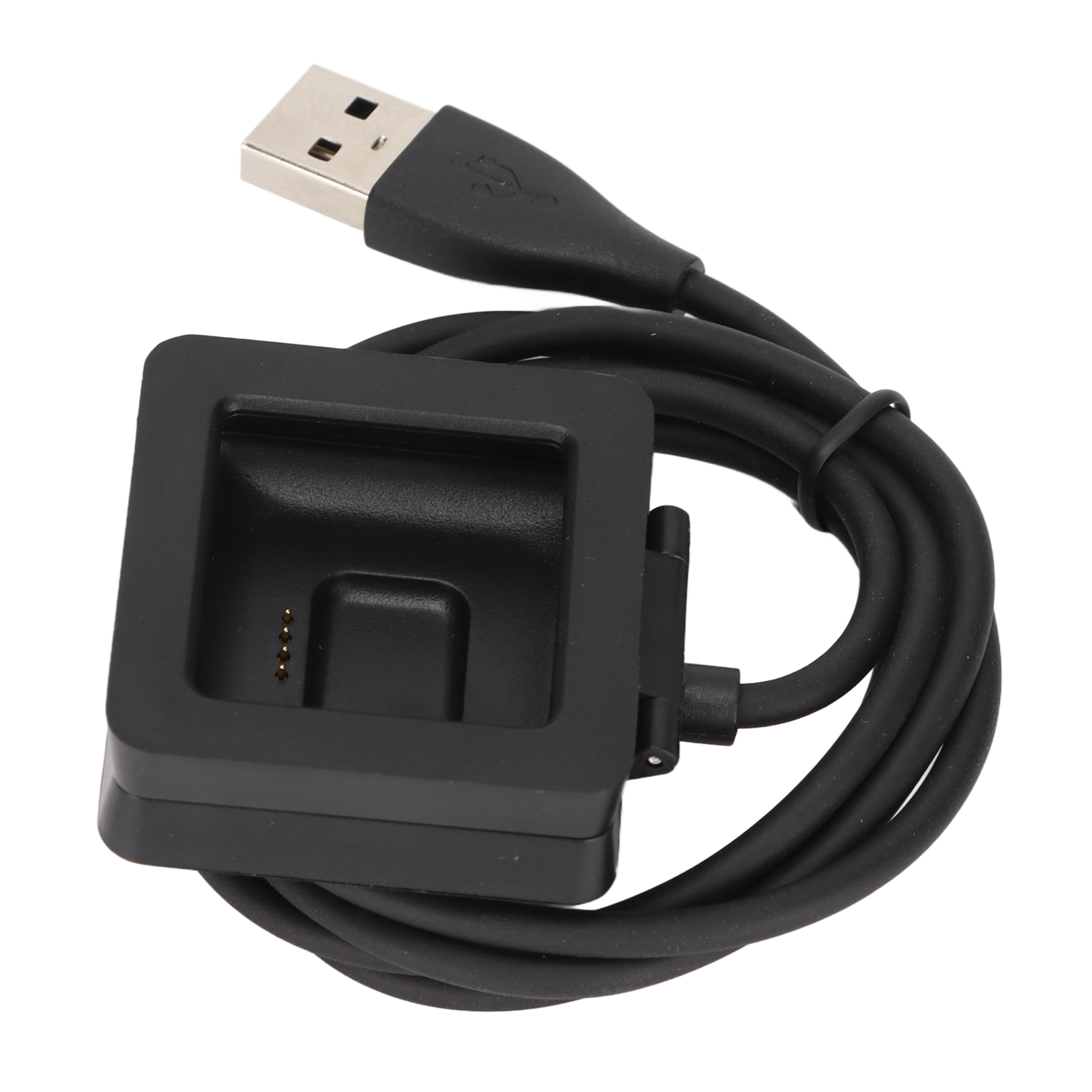 Ein schwarzes USB-Ladekabel mit einer quadratischen Ladestation auf weißem Hintergrund.