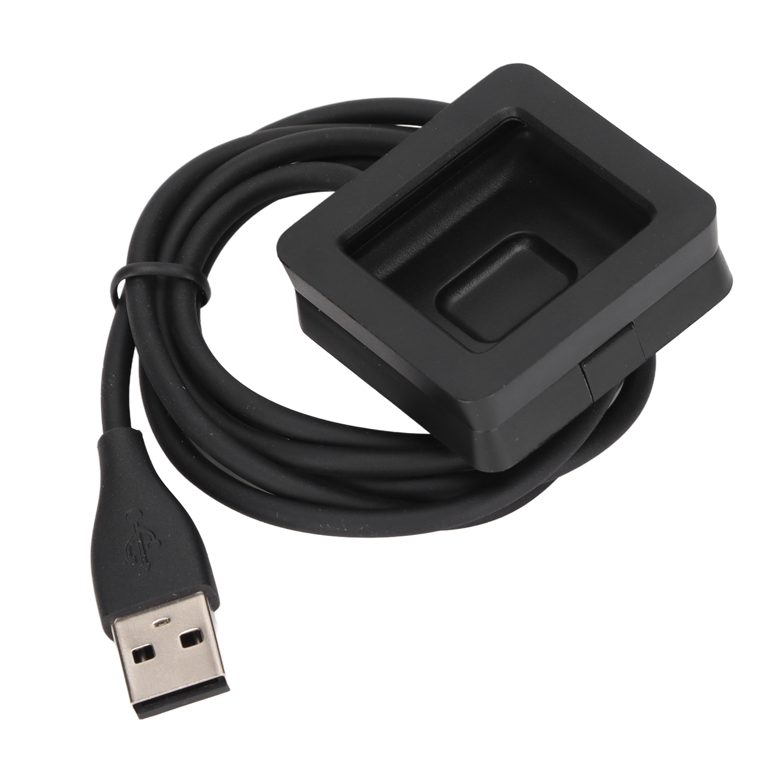 Ein schwarzes Ladekabel mit einem USB-Anschluss und einer quadratischen Ladeschale.