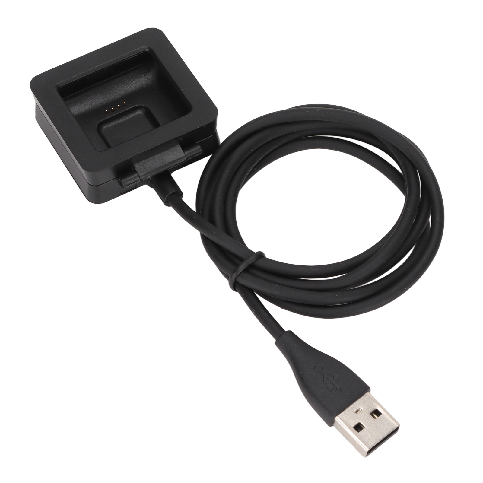 Eine schwarze Smartwatch-Ladestation mit aufgerolltem USB-Kabel auf weißem Hintergrund.