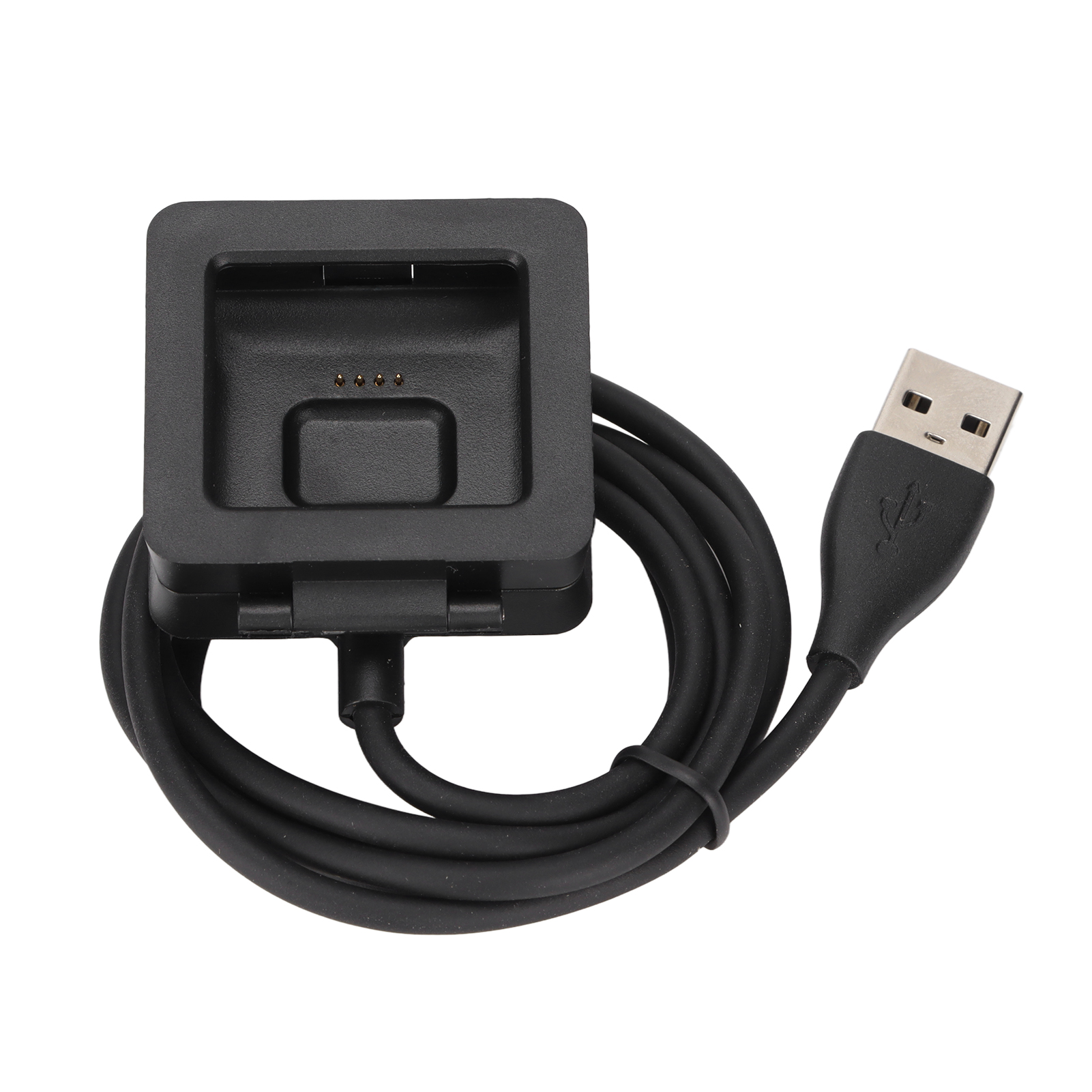 Schwarze Smartwatch-Ladestation mit angeschlossenem USB-Kabel auf weißem Hintergrund.