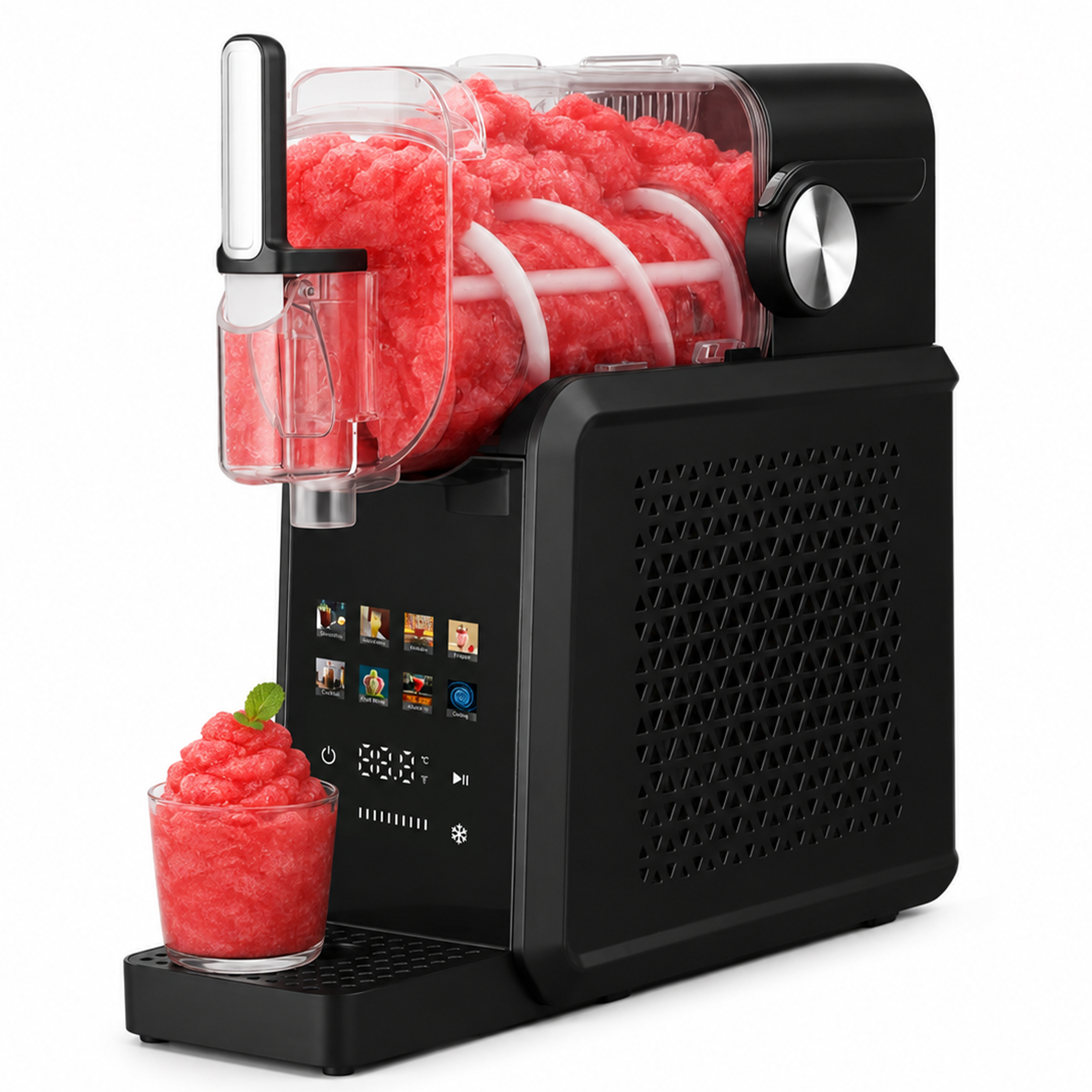 Schwarze Slush-Eis-Maschine mit rotem Fruchteis im klaren Behälter und einem gefüllten Glas.