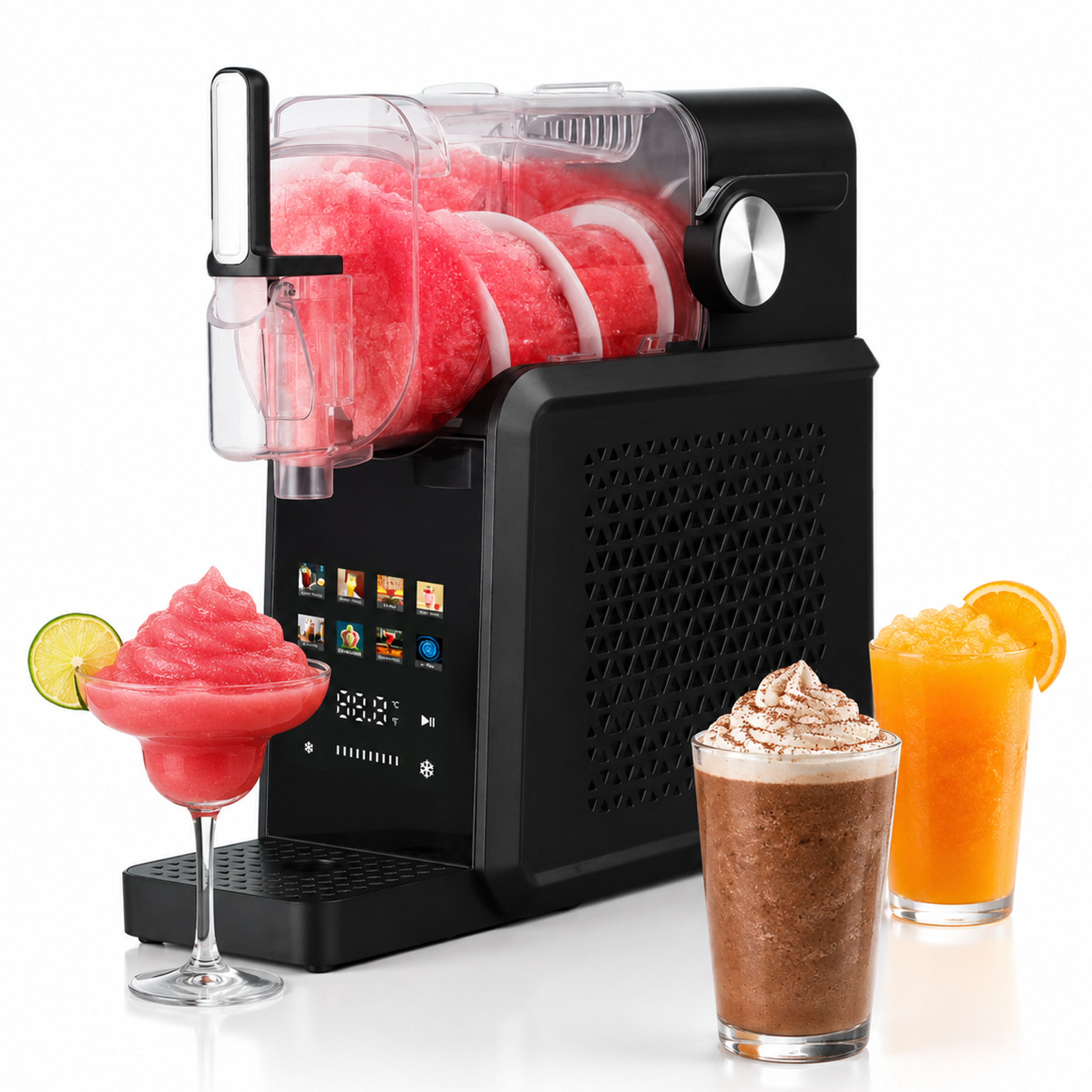 Schwarze Slush-Eismaschine mit rotem Inhalt, daneben Gläser mit rotem Slush, Schokolade und Orangensaft.