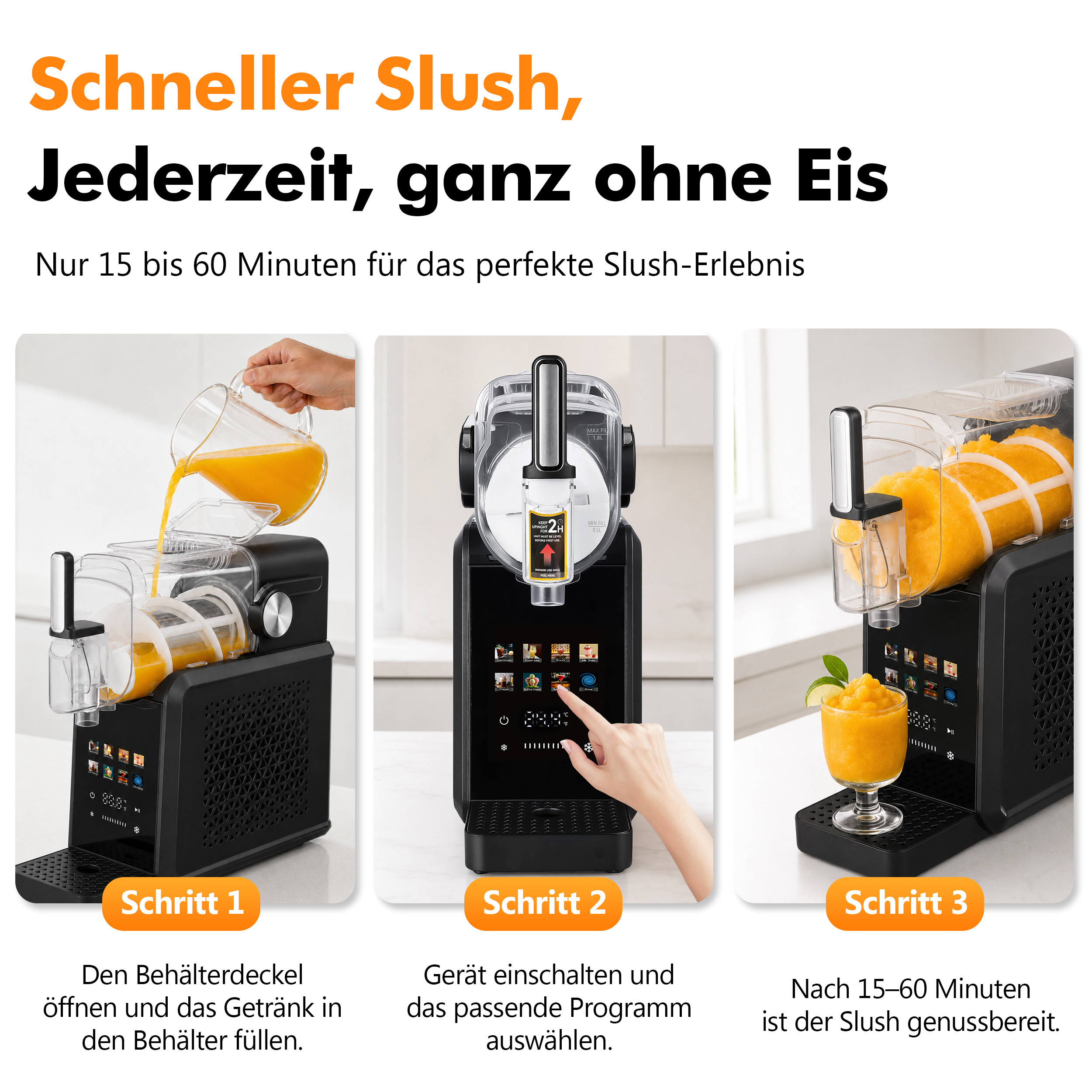 Drei-Schritte-Anleitung zur Zubereitung von Slush mit einer schwarzen Tischmaschine, Flüssigkeit gießen, Einstellungen wählen.