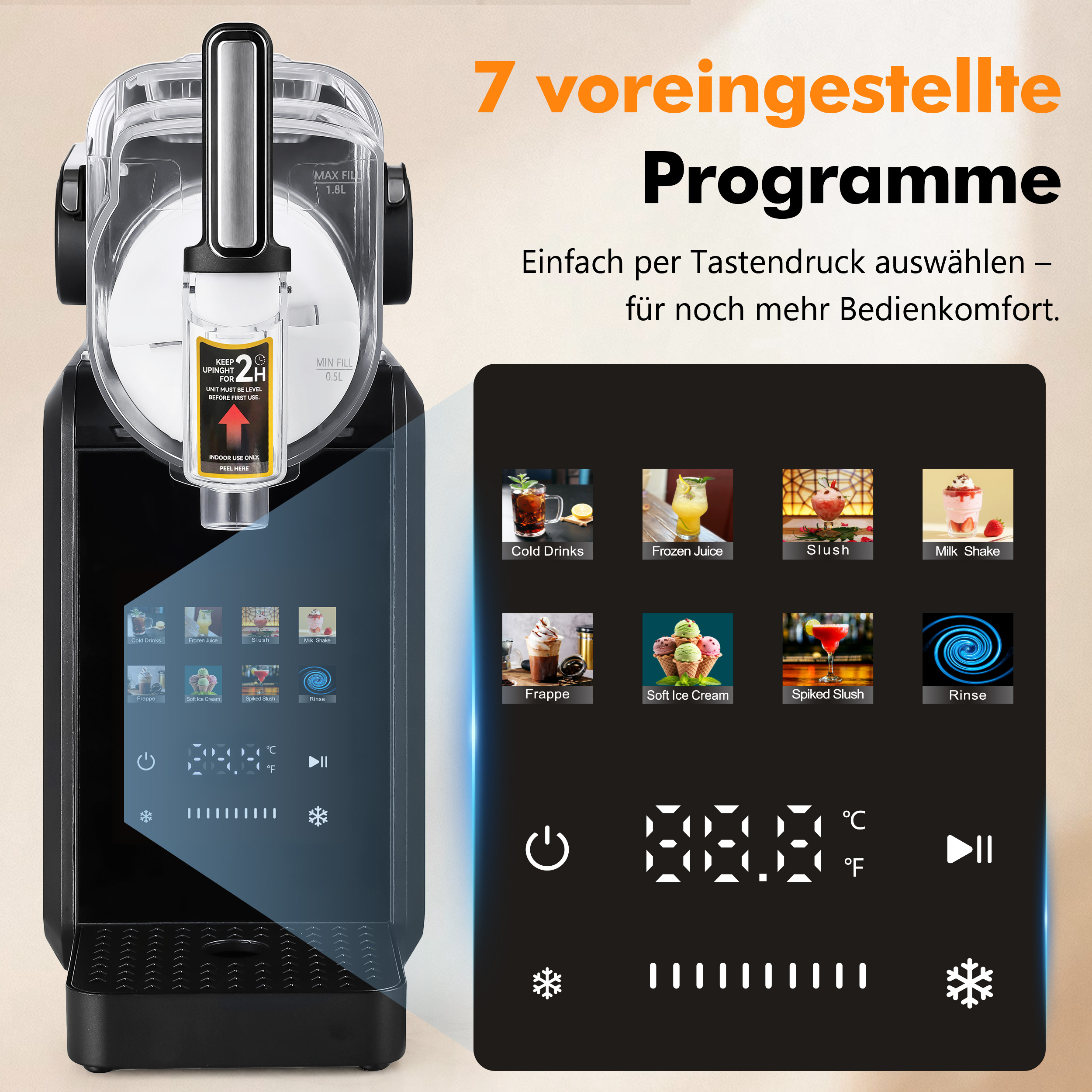 Eingebauter Getränkeautomat mit Touchscreen und Symbolen für 7 voreingestellte Programme.